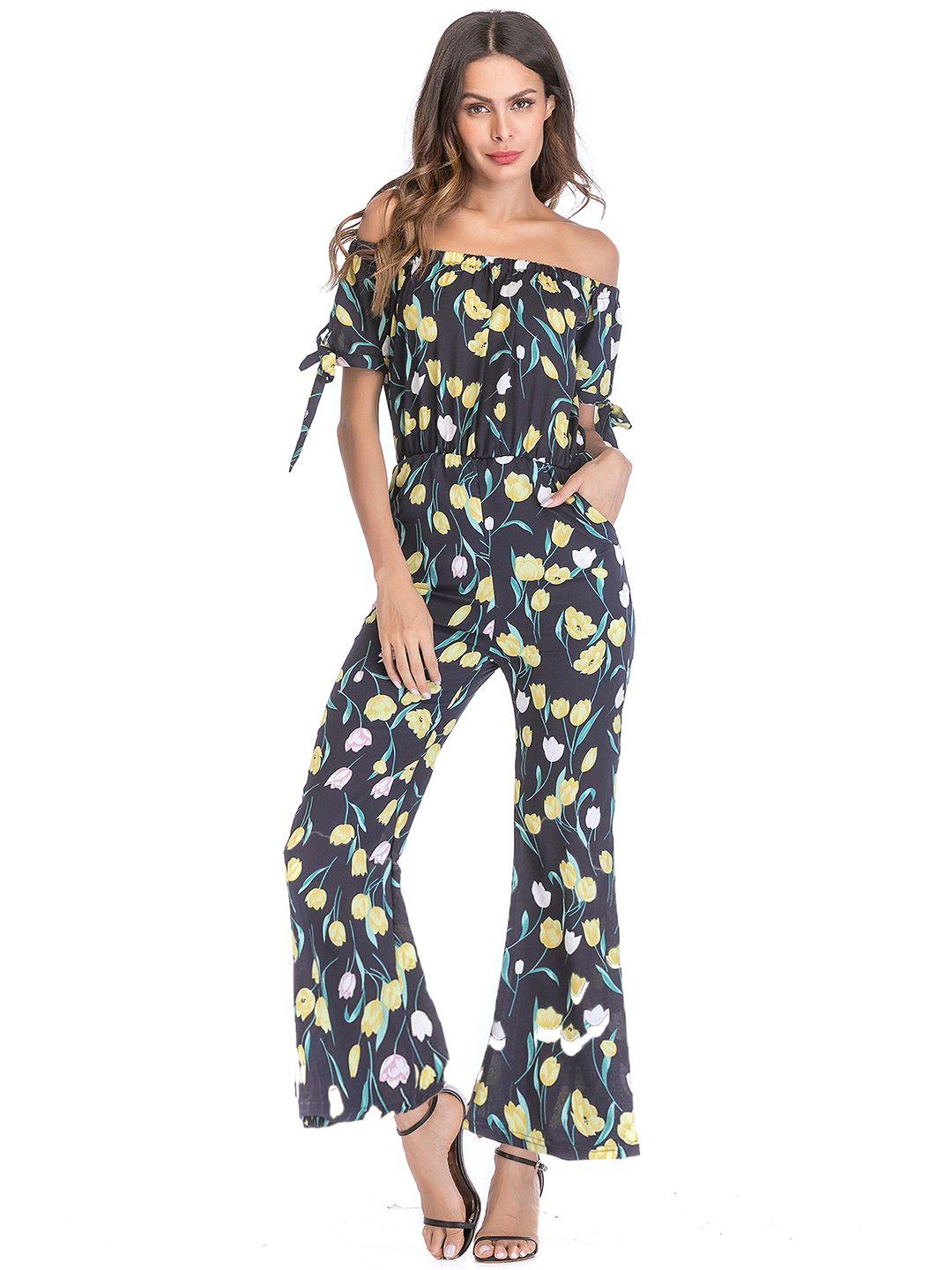 urbanic navy blue & yellow off-shoulder printed basic jumpsuit