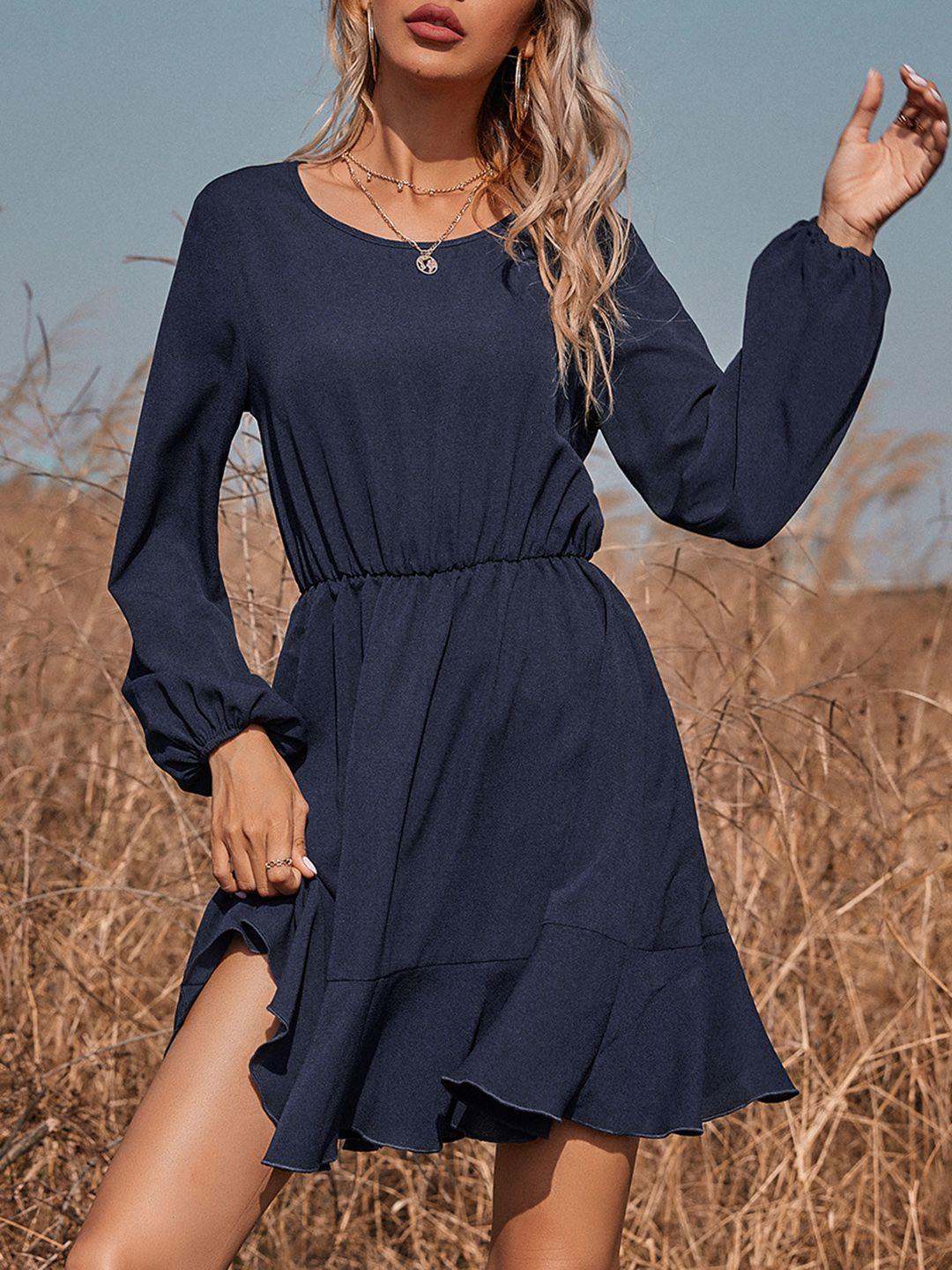 urbanic navy blue solid fit flare dress