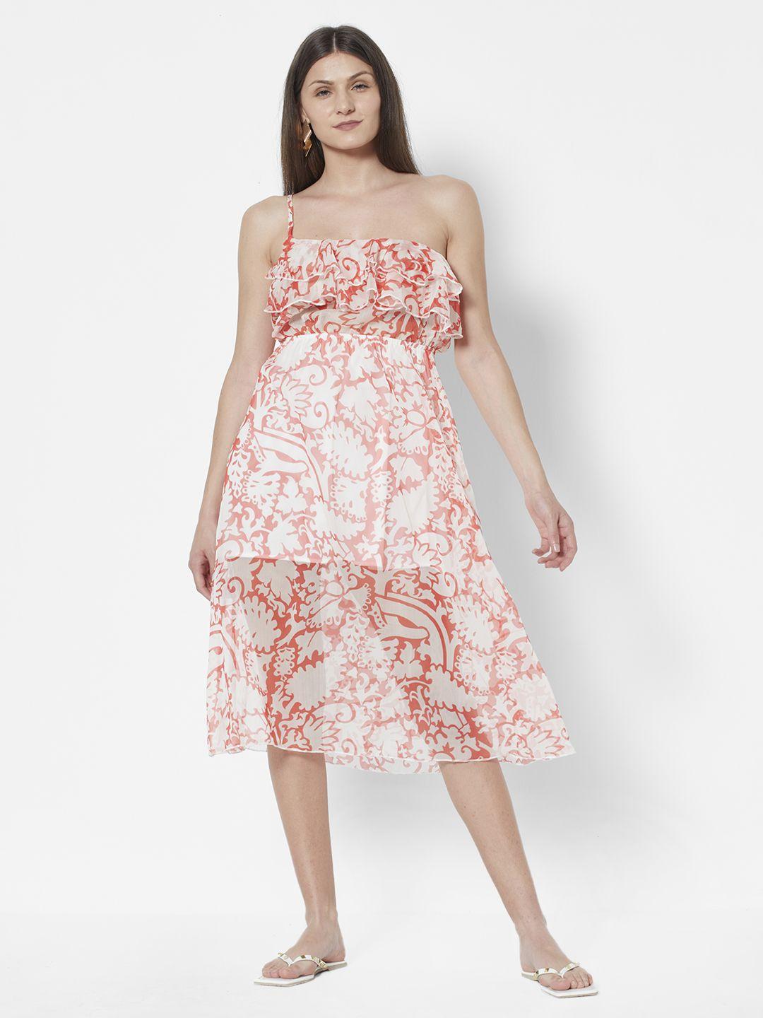 urbanic orange & white ethnic motifs print ruffled one shoulder a-line midi dress