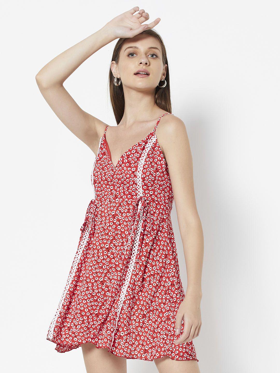 urbanic red & white floral print lace taping a-line mini dress