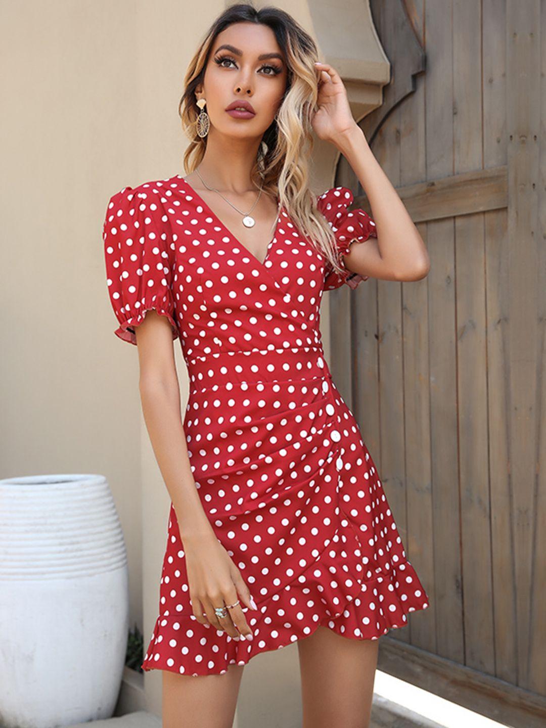 urbanic red & white polka dot print mini wrap dress
