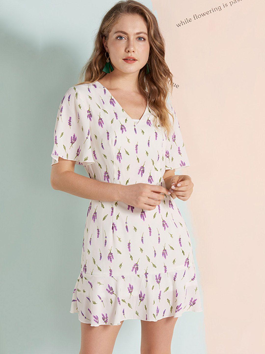 urbanic white & lavender floral print mini pleated detail a-line dress