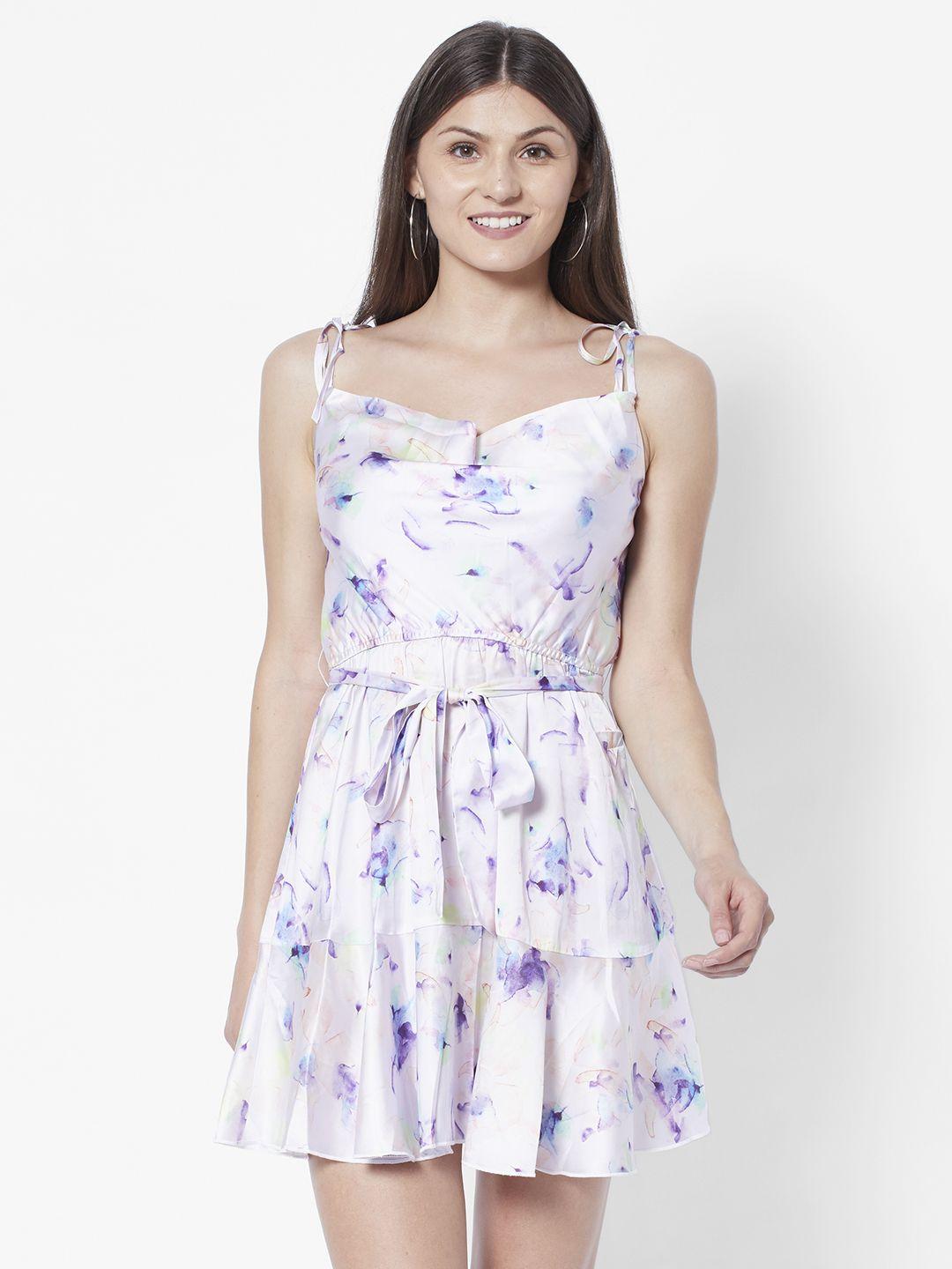 urbanic white & navy blue floral tie-up neck a-line dress