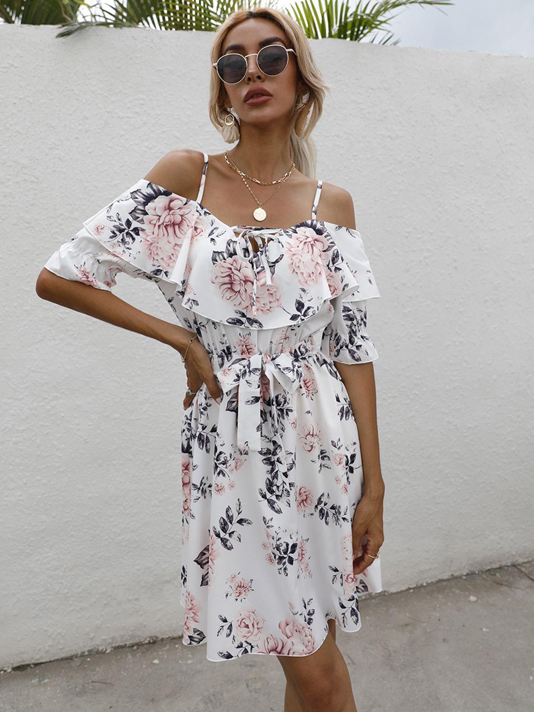 urbanic white & pink floral layered cold-shoulder sleeves a-line dress