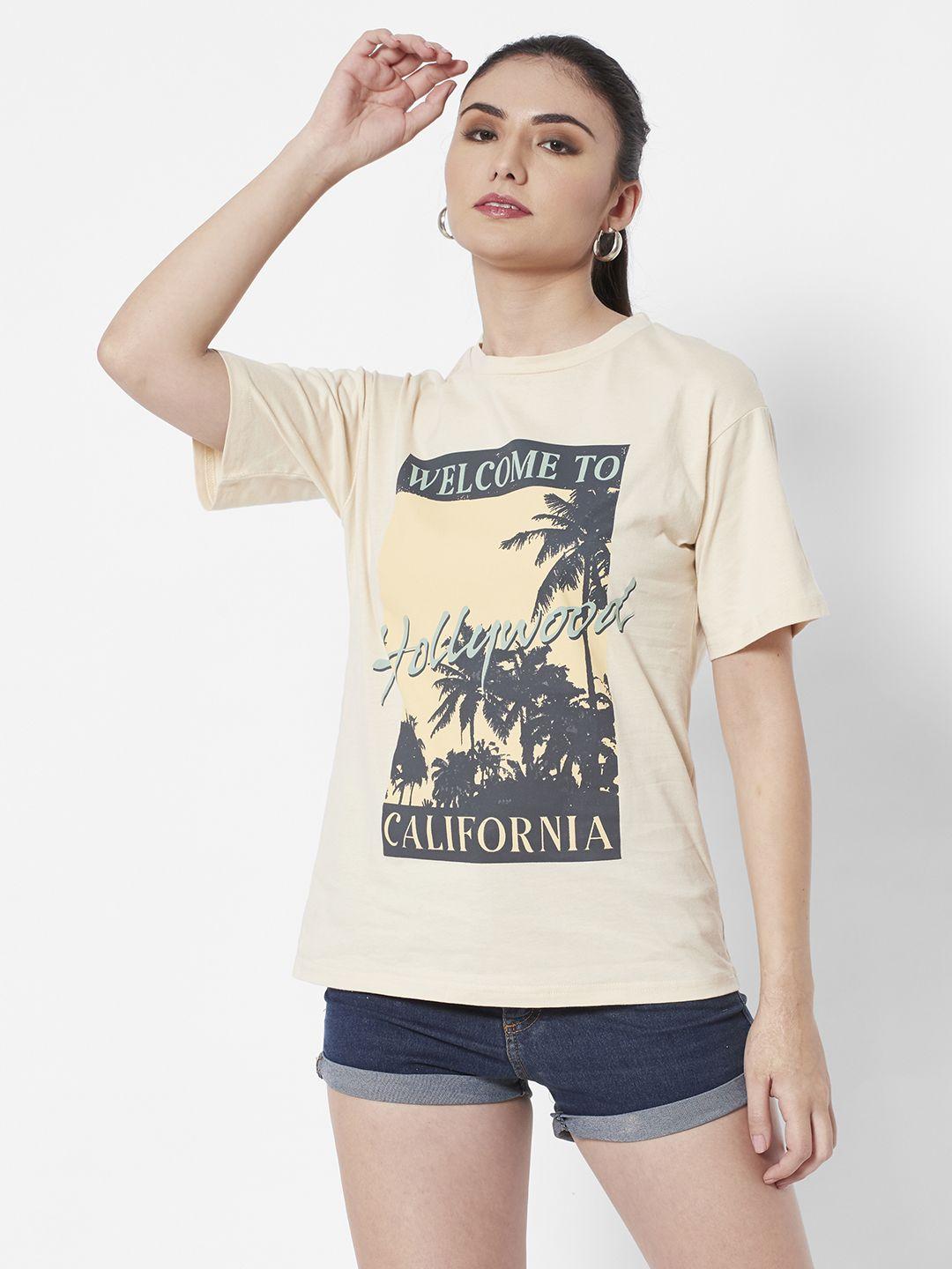 urbanic women beige & charcoal tropical printed t-shirt