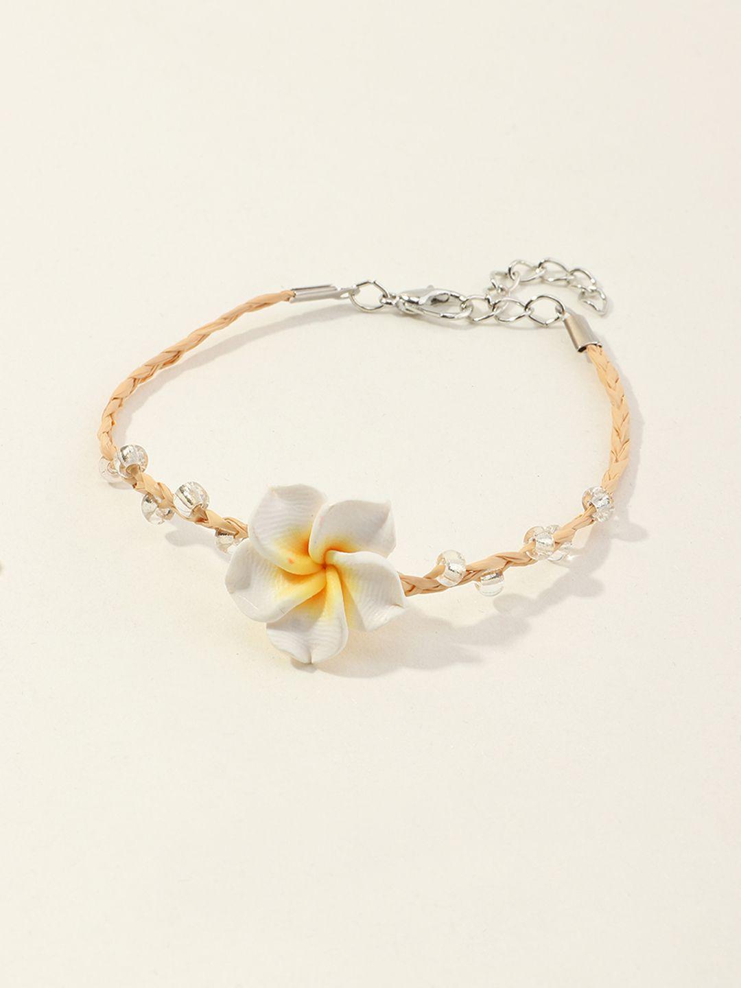 urbanic women beige & white beaded floral charm bracelet