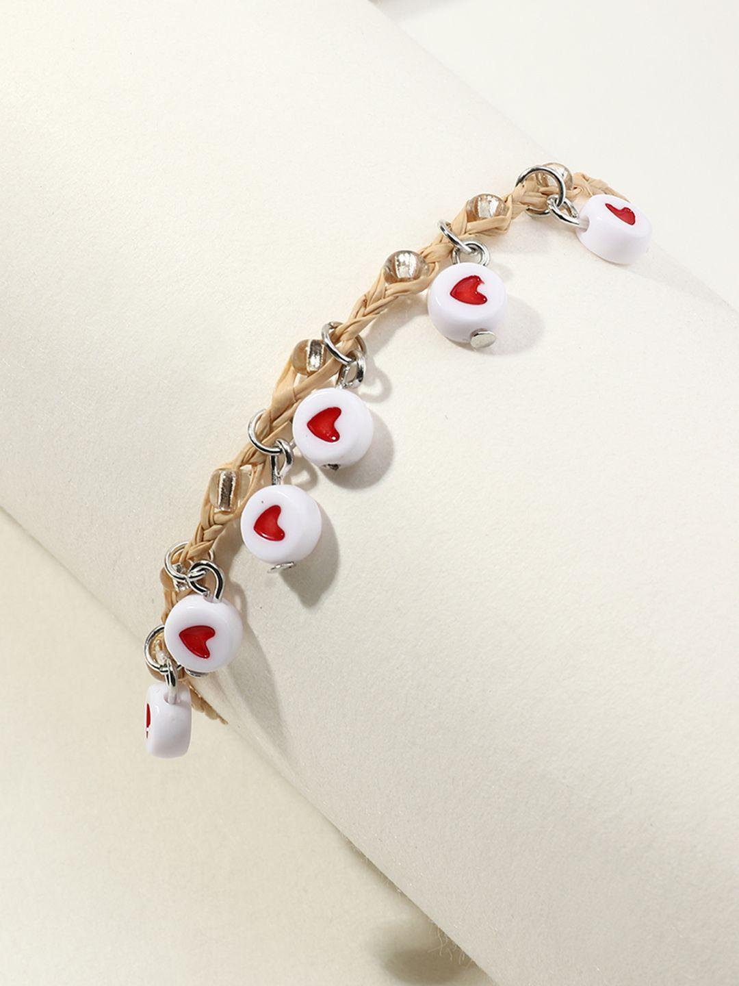 urbanic women beige & white heart beaded charm bracelet