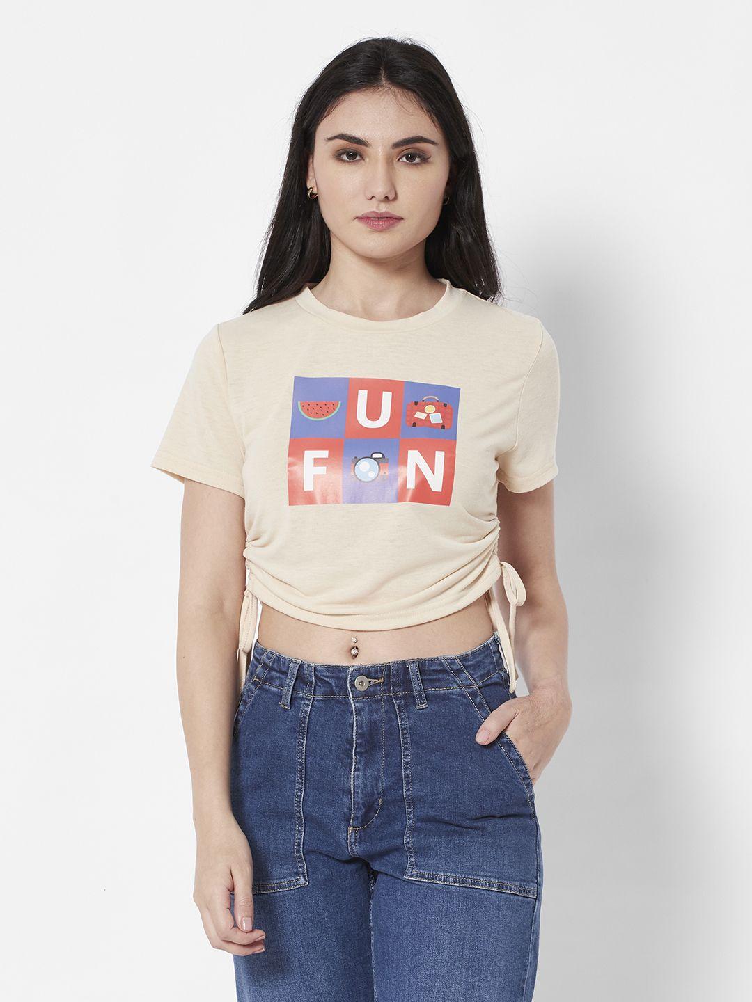 urbanic women beige typography printed ruched crop top