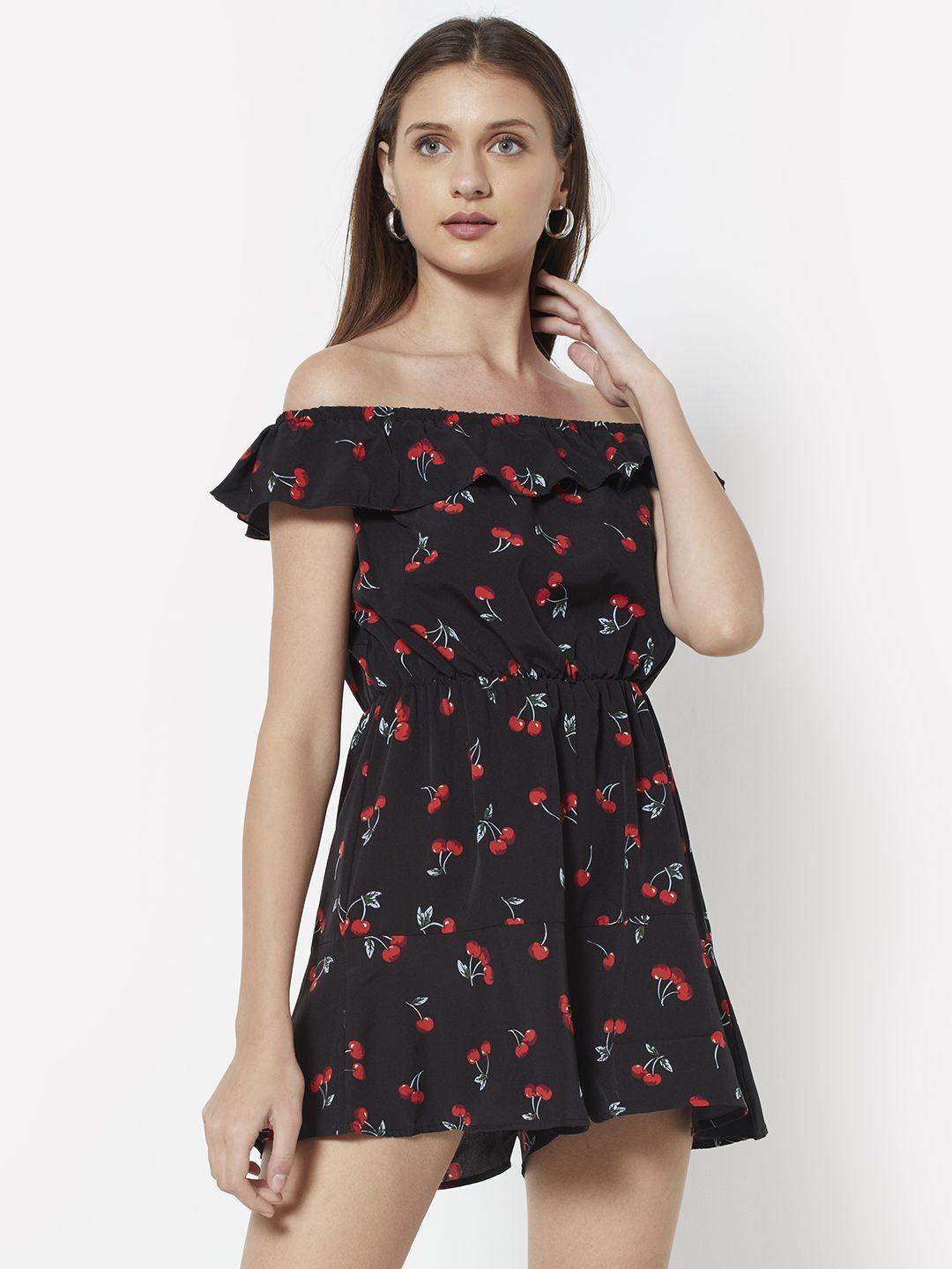 urbanic women black & red off-shoulder conversational printed jumpsuit with ruffles detail