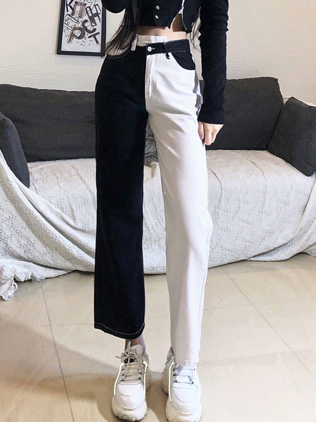 urbanic women black & white wide leg colourblocked cotton jeans