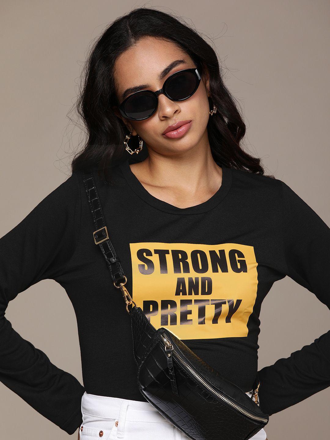 urbanic women black & yellow cotton printed t-shirt