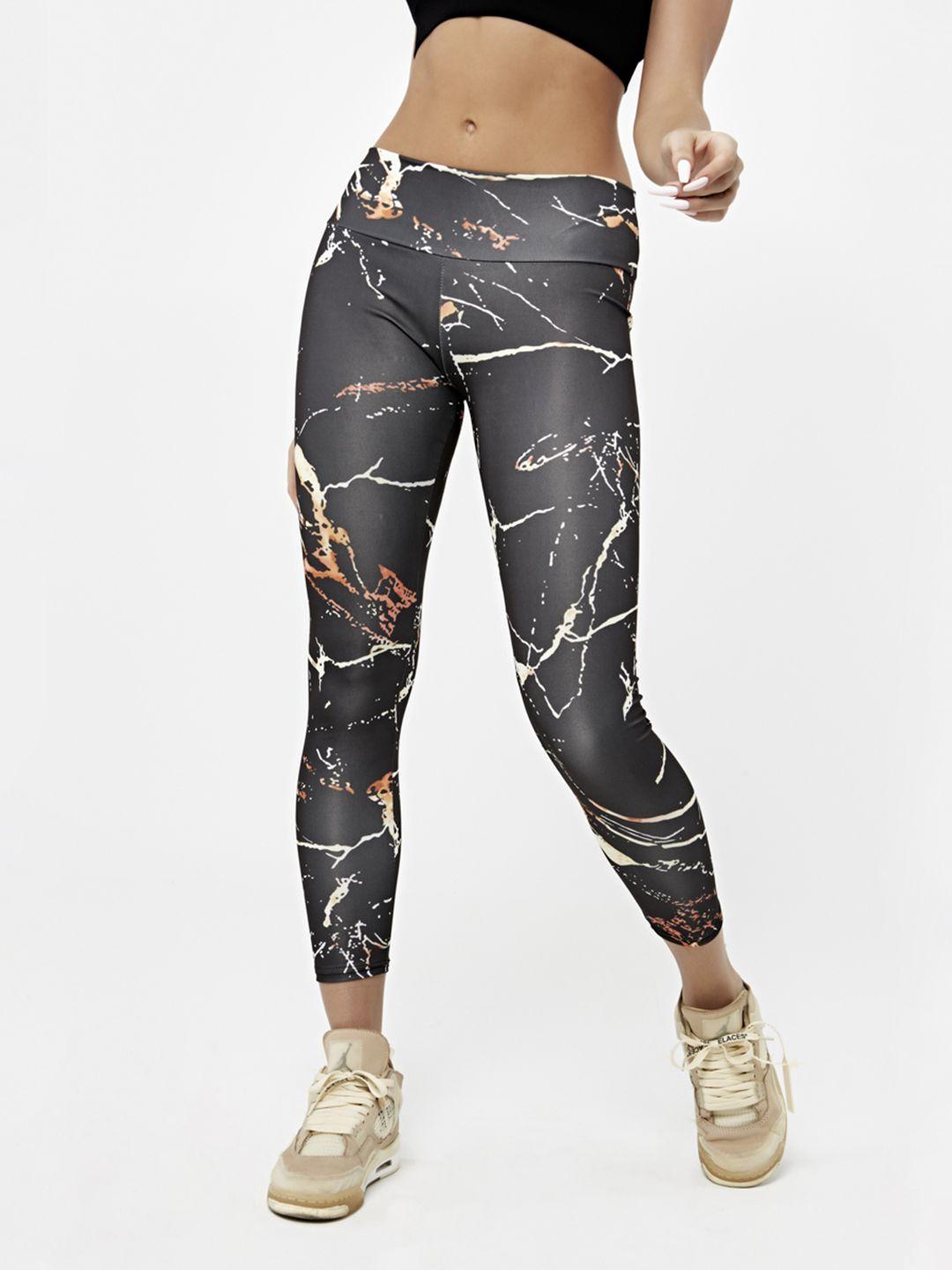 urbanic women black printed gym tights with lace-up detail