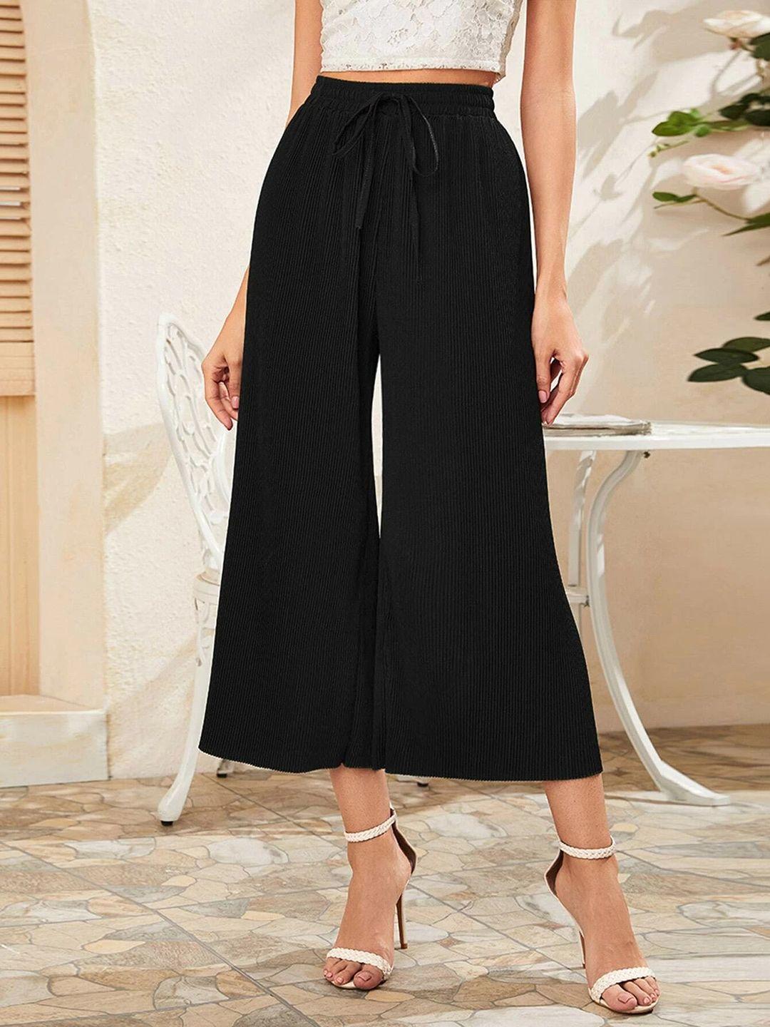 urbanic women black solid flared high-rise pleated culottes trousers