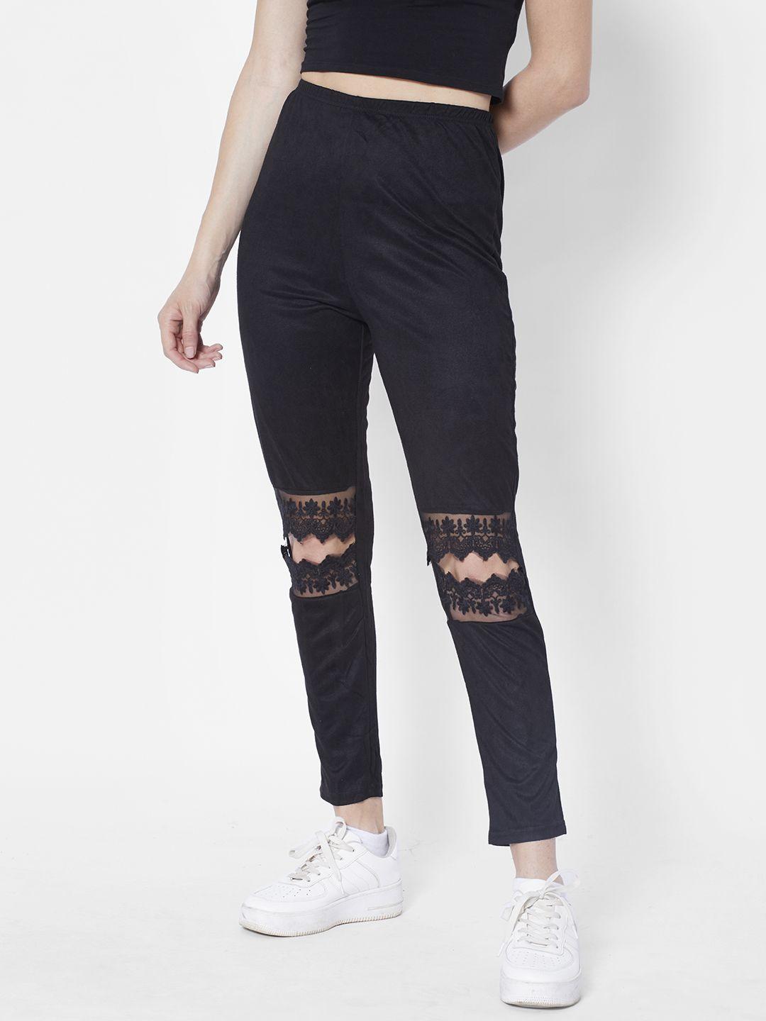 urbanic women black solid high-waist lace inserts cut out track pants