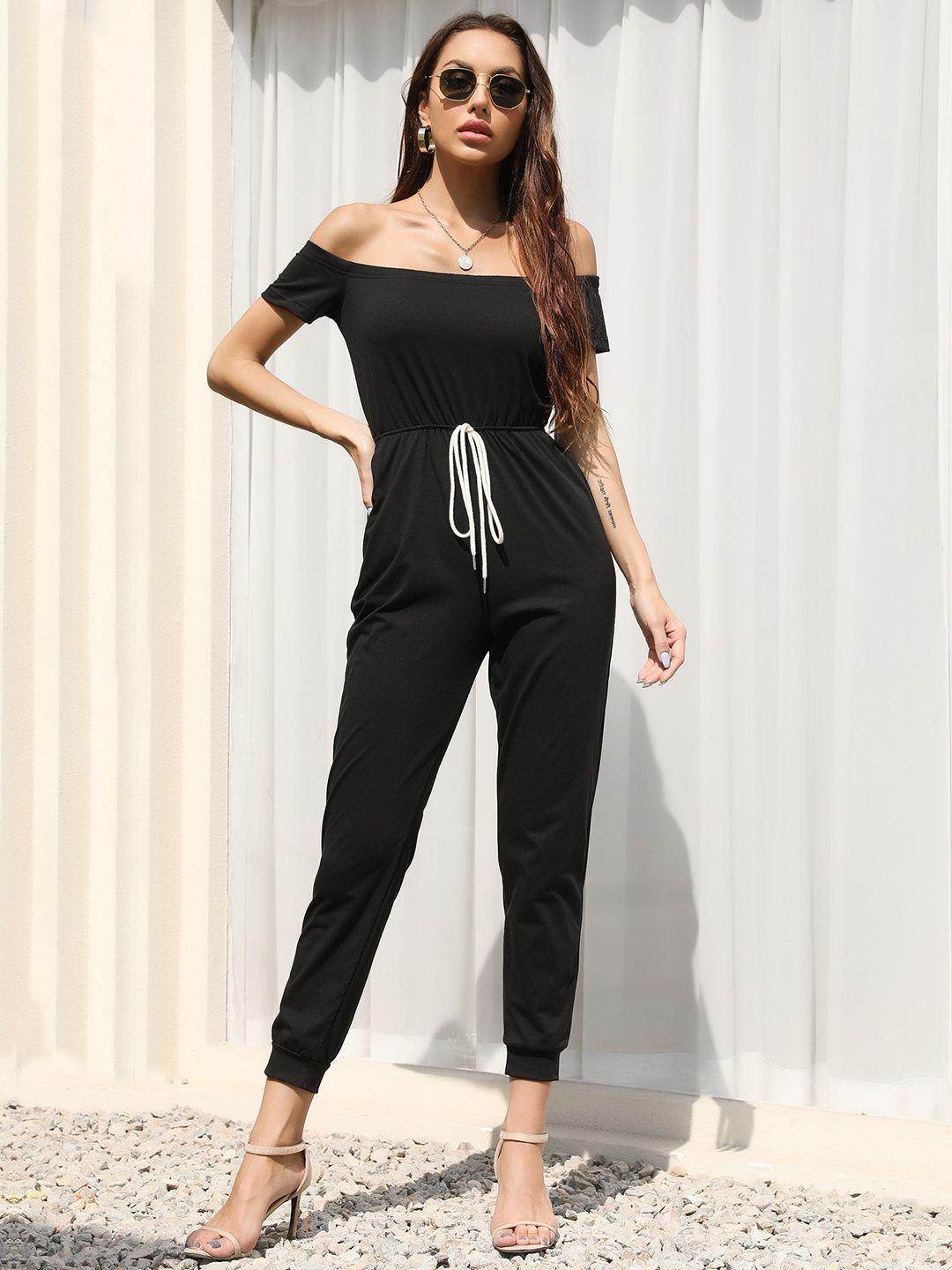 urbanic women black solid off-shoulder waist tie-up basic cropped jumpsuit