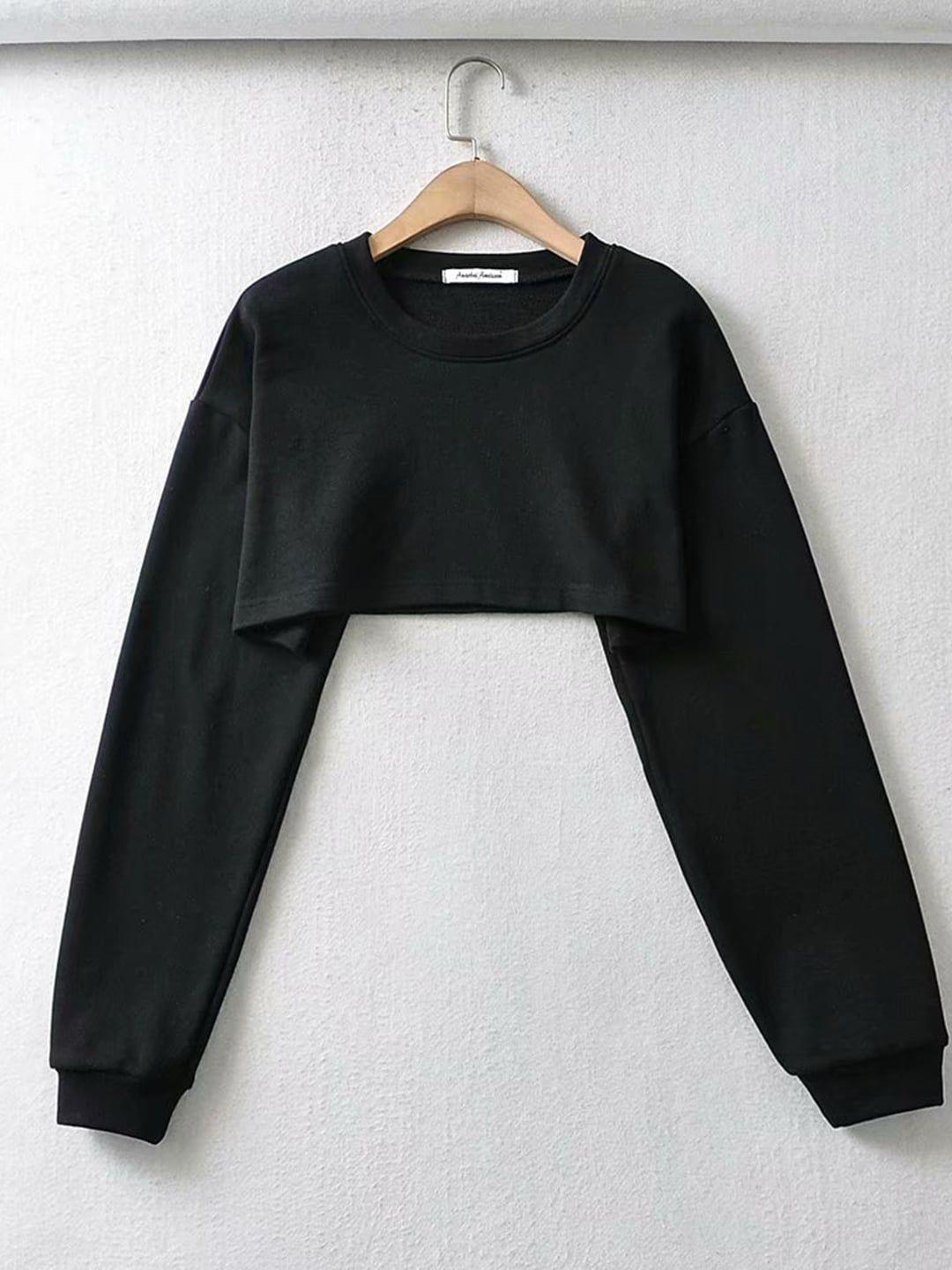 urbanic women black solid pure cotton crop sweatshirt