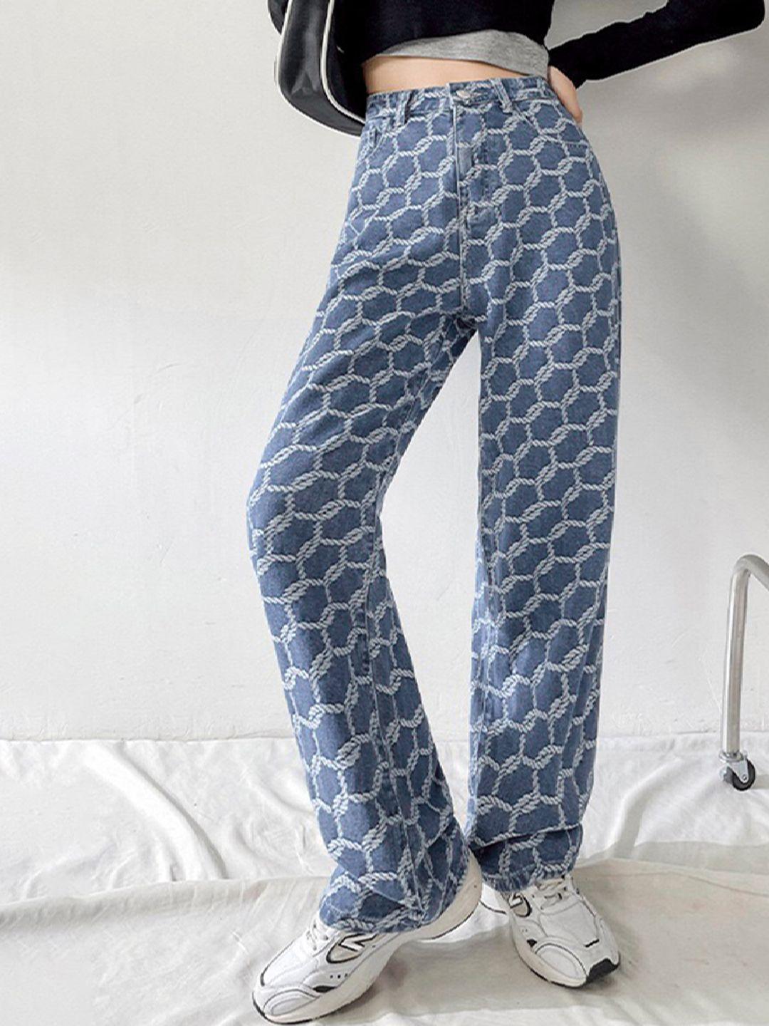 urbanic women blue & white rope patterned straight fit jeans
