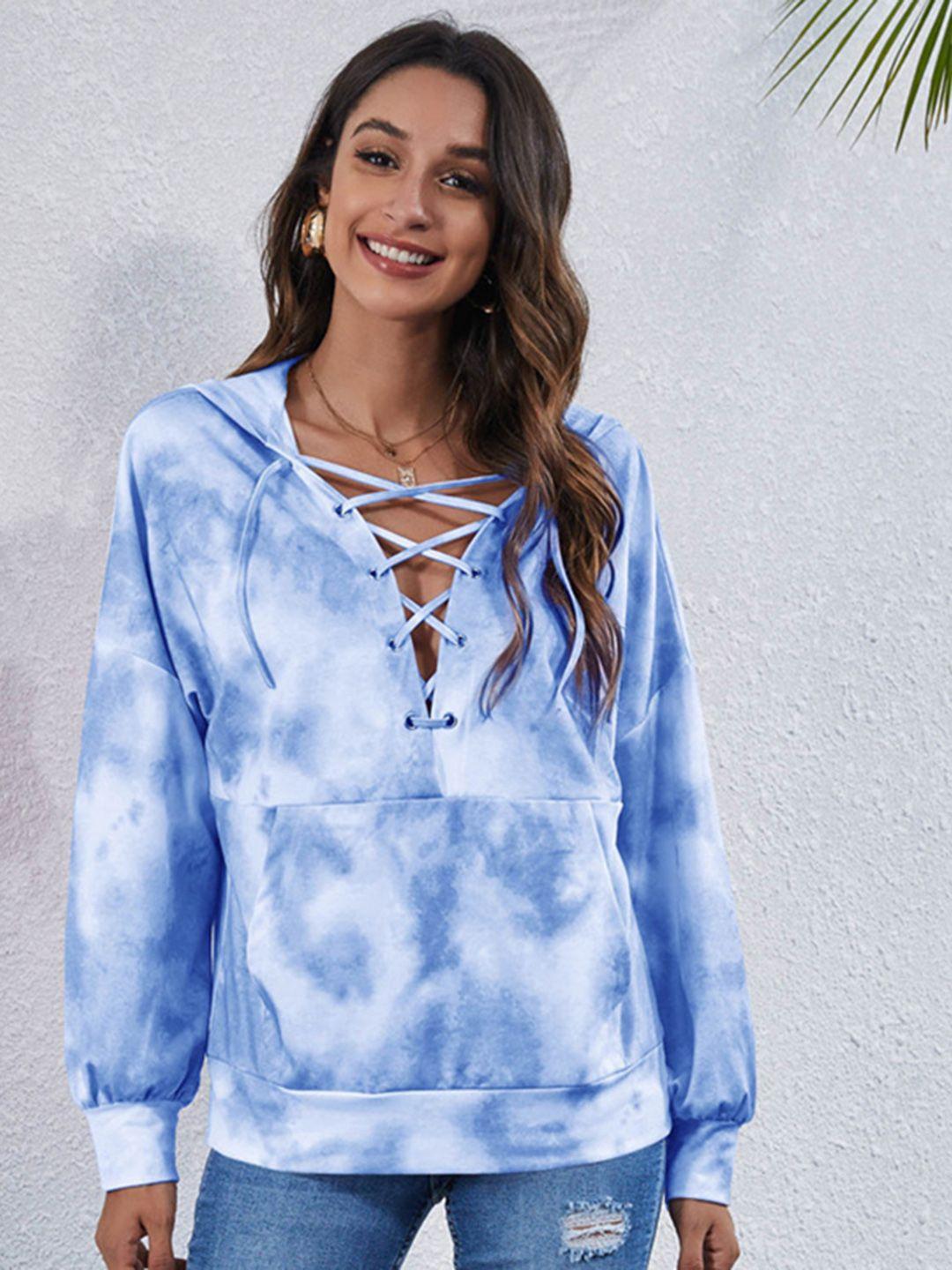 urbanic women blue & white tie & dye hooded sweatshirt with tie-up detail