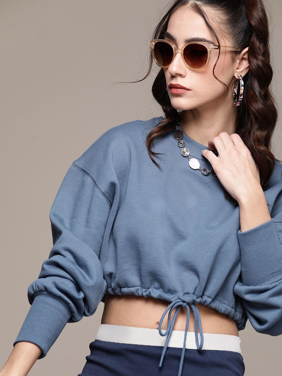 urbanic women blue solid sweatshirt with waist tie-ups