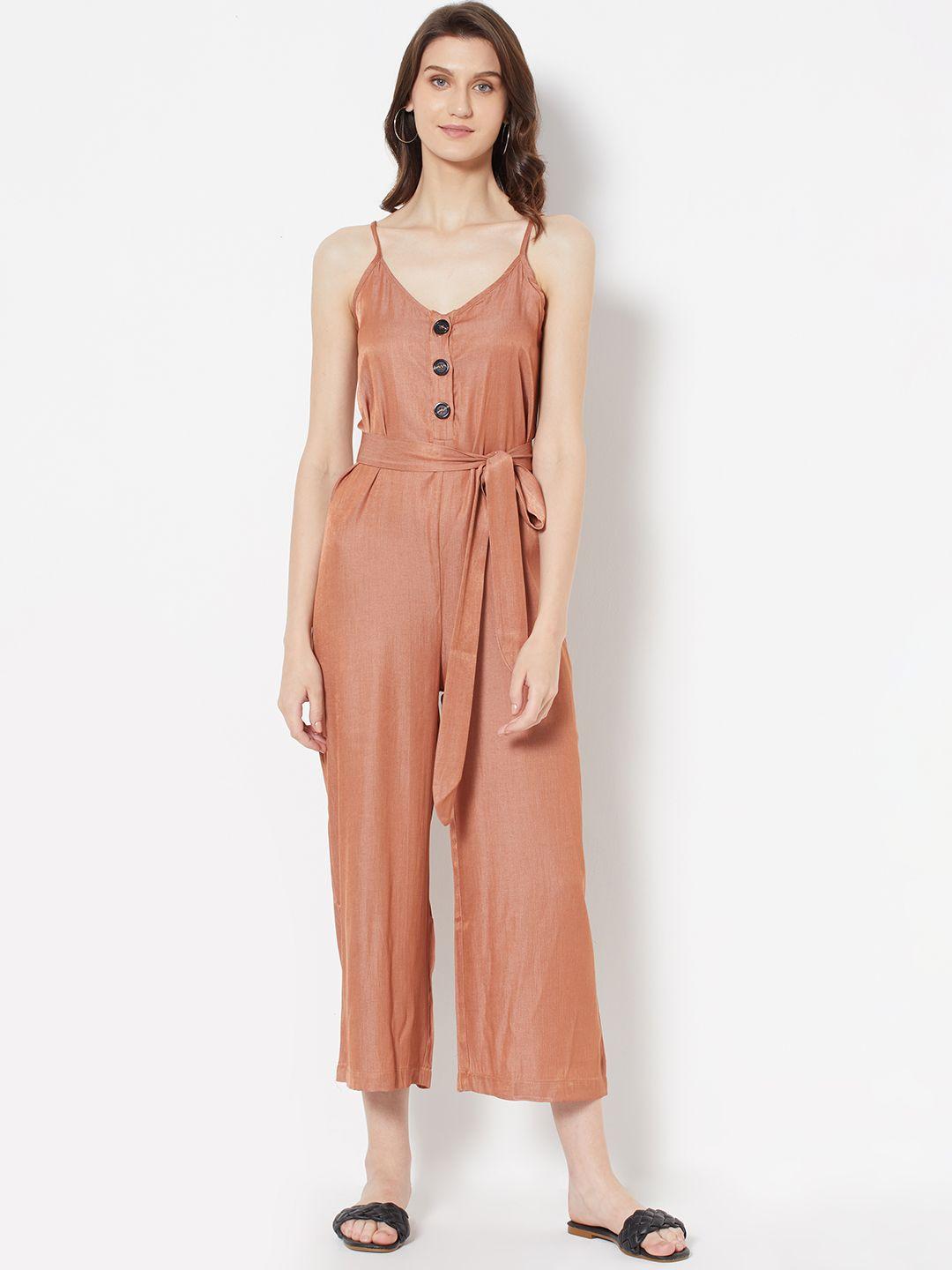 urbanic women brown solid basic jumpsuit comes with a belt