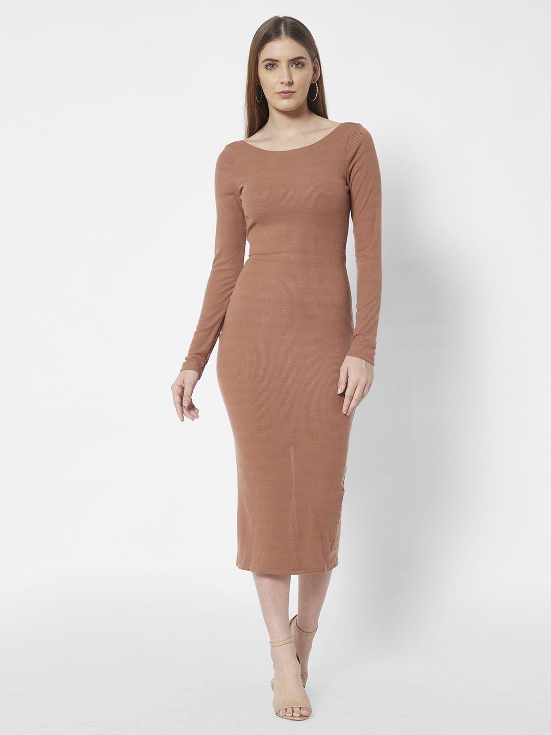 urbanic women brown solid bodycon midi dress