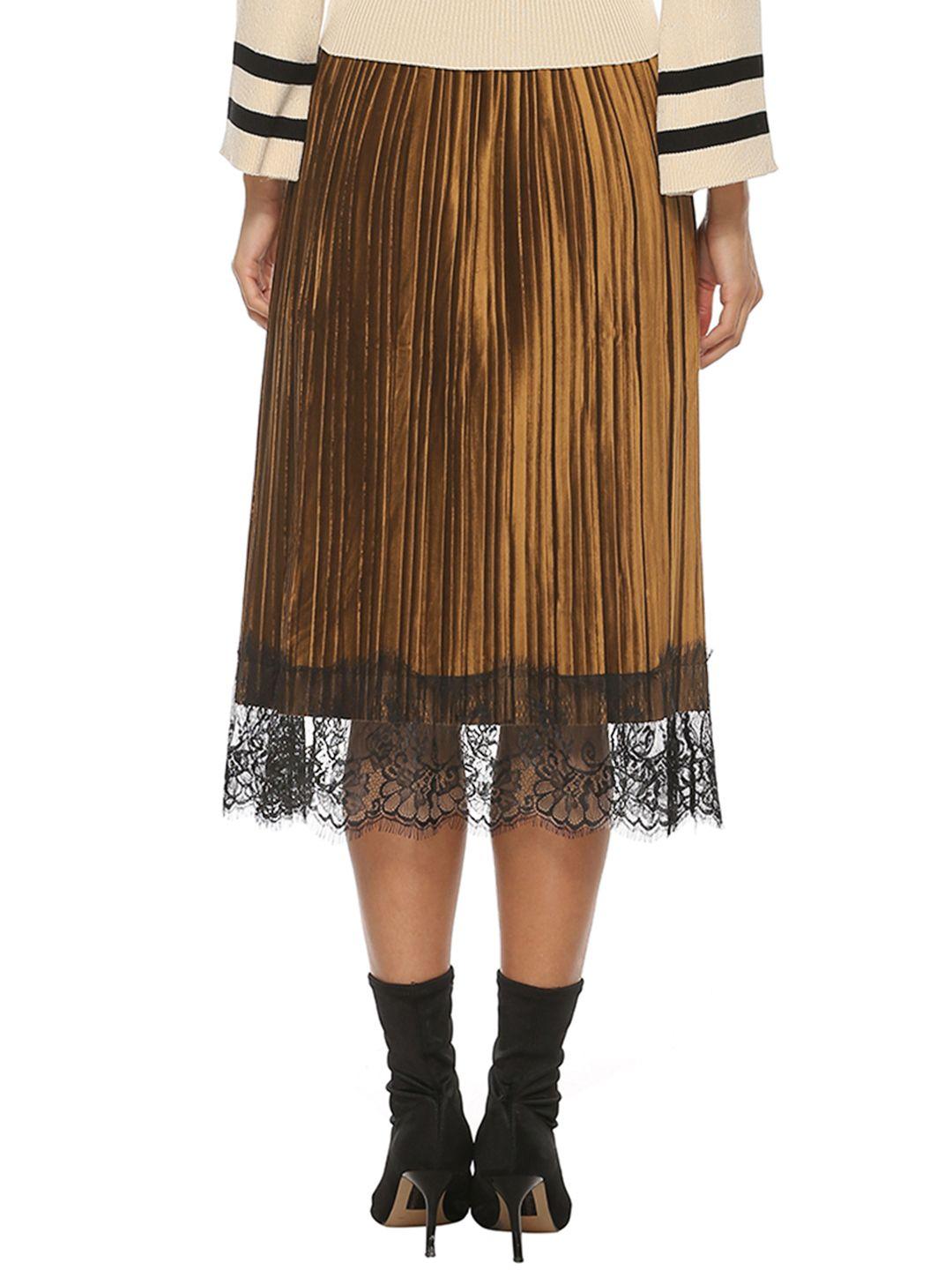 urbanic women coffee brown solid accordion satin finish lace inserts midi flared skirt