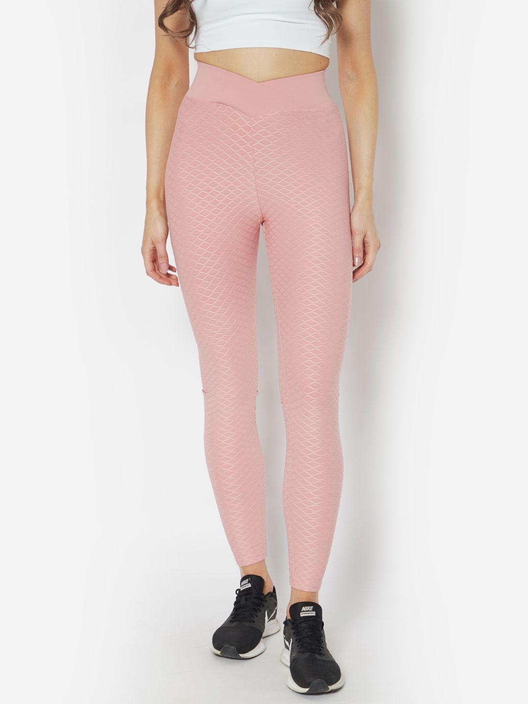 urbanic women dusty pink self design slim fit gym tights