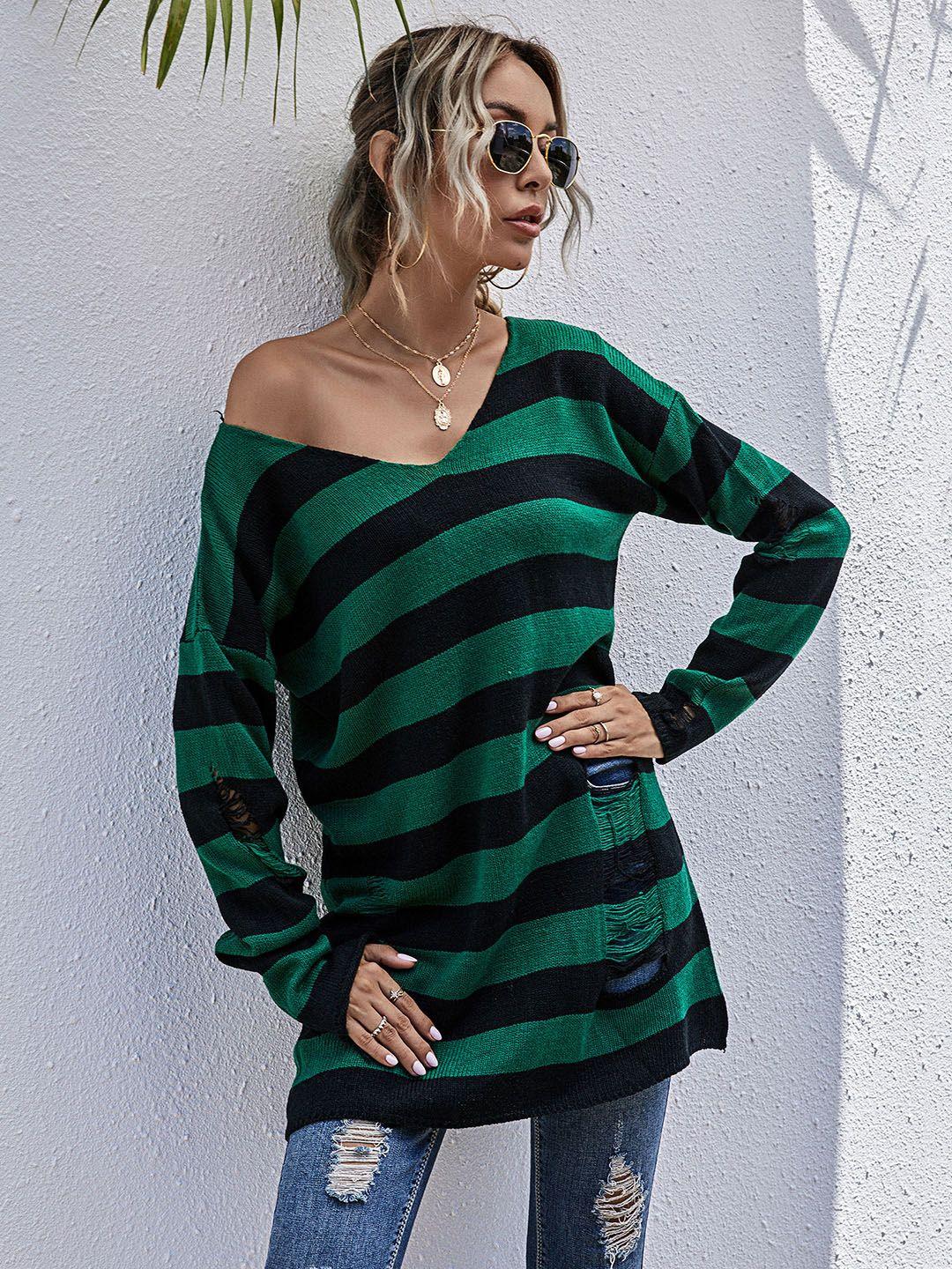 urbanic women green & black striped longline pullover