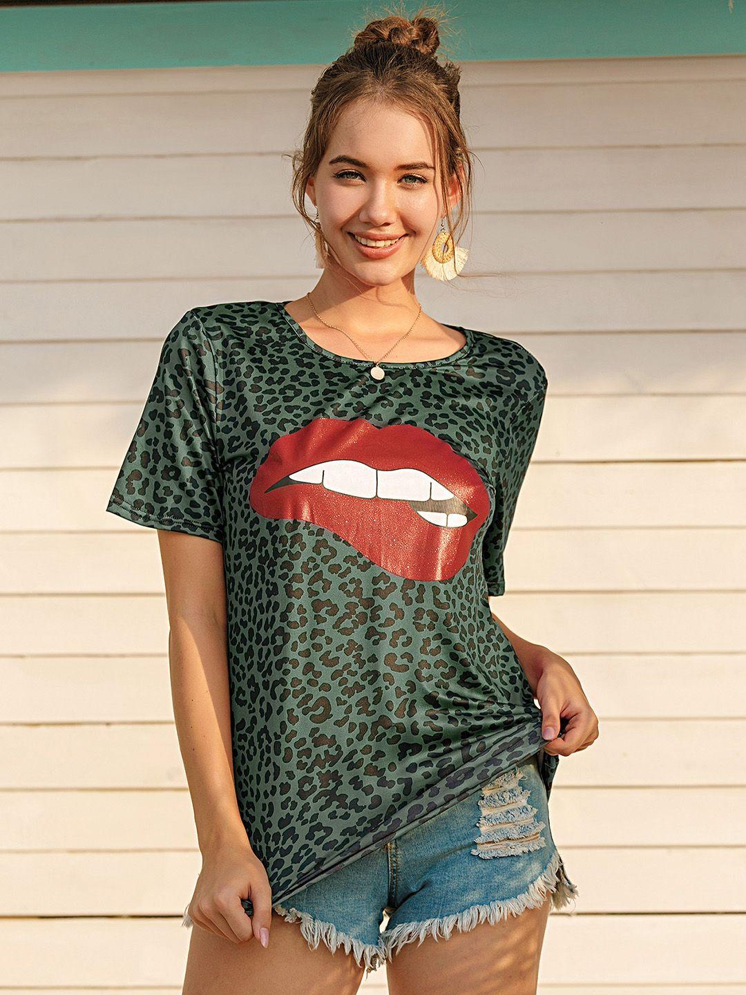 urbanic women green & red animal printed t-shirt