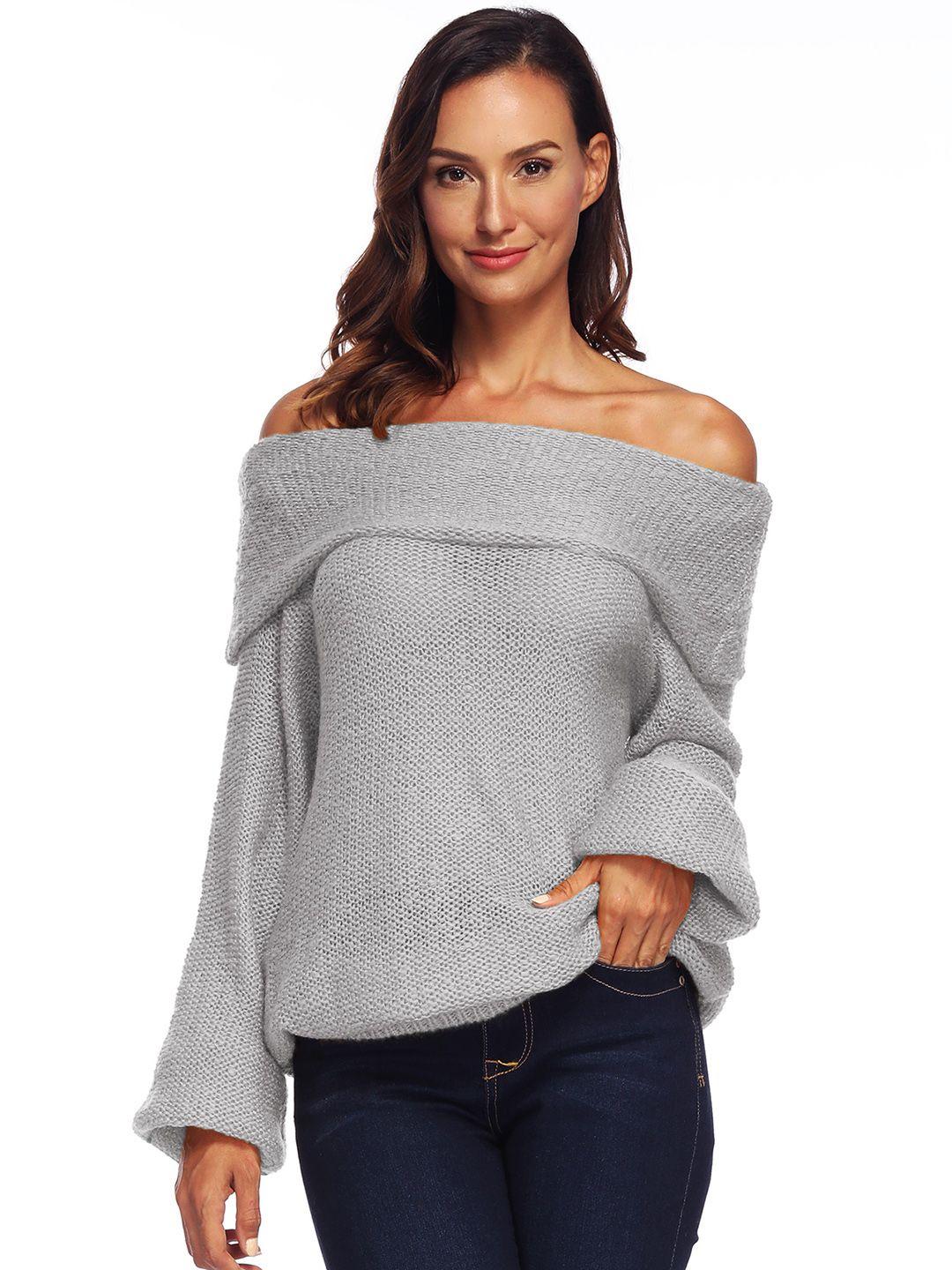 urbanic women grey solid off-shoulder pullover sweater