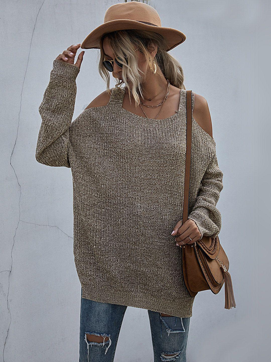 urbanic women khaki cold-shoulder longline pullover