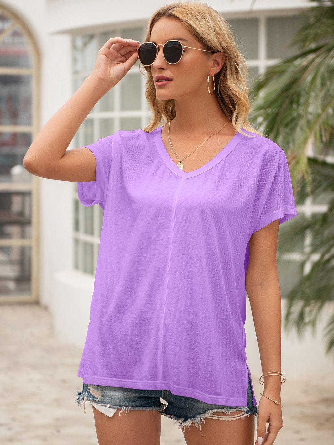 urbanic women lavender v-neck relaxed fit extended sleeves t-shirt