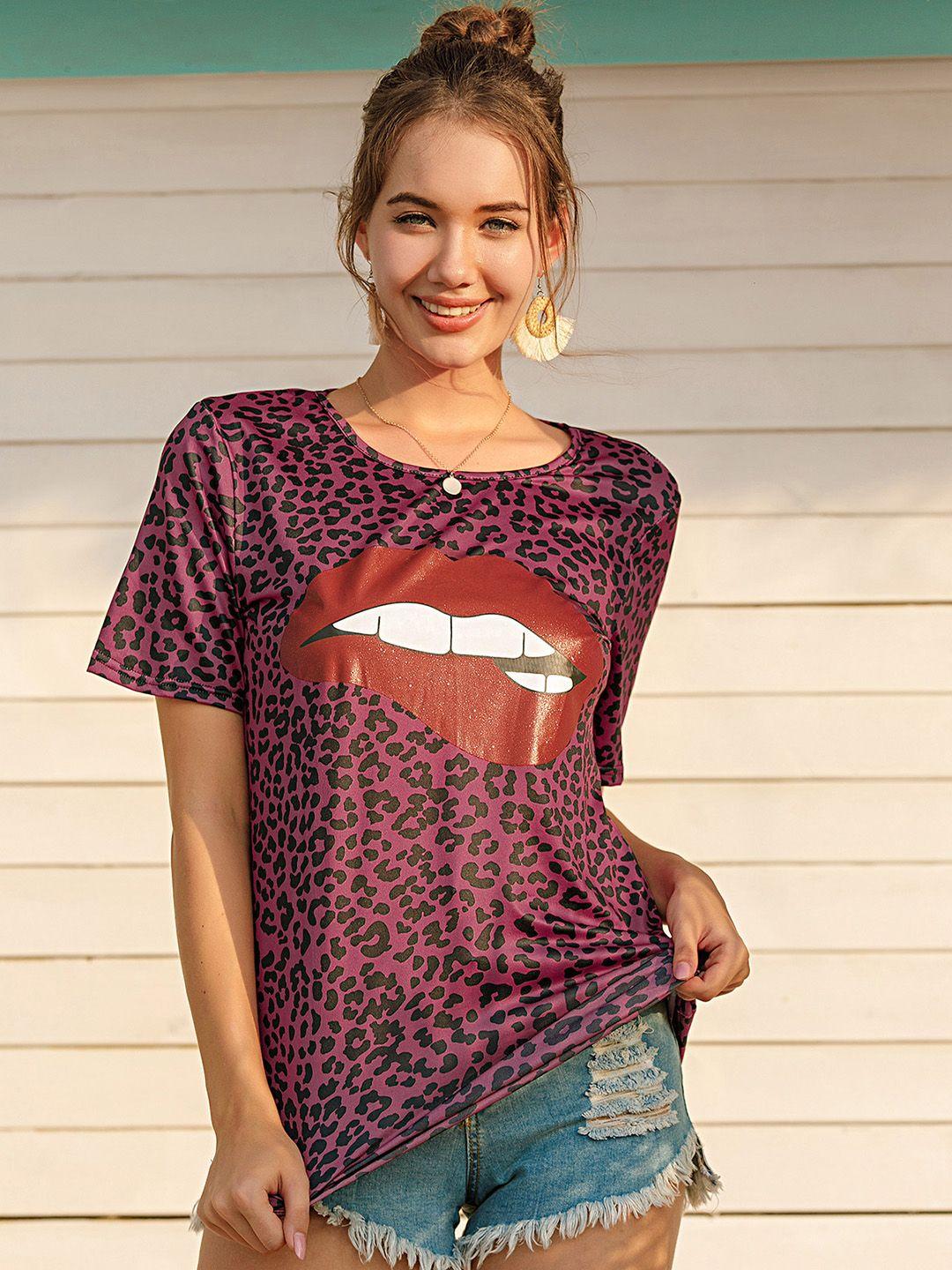 urbanic women magenta & black leopard print t-shirt