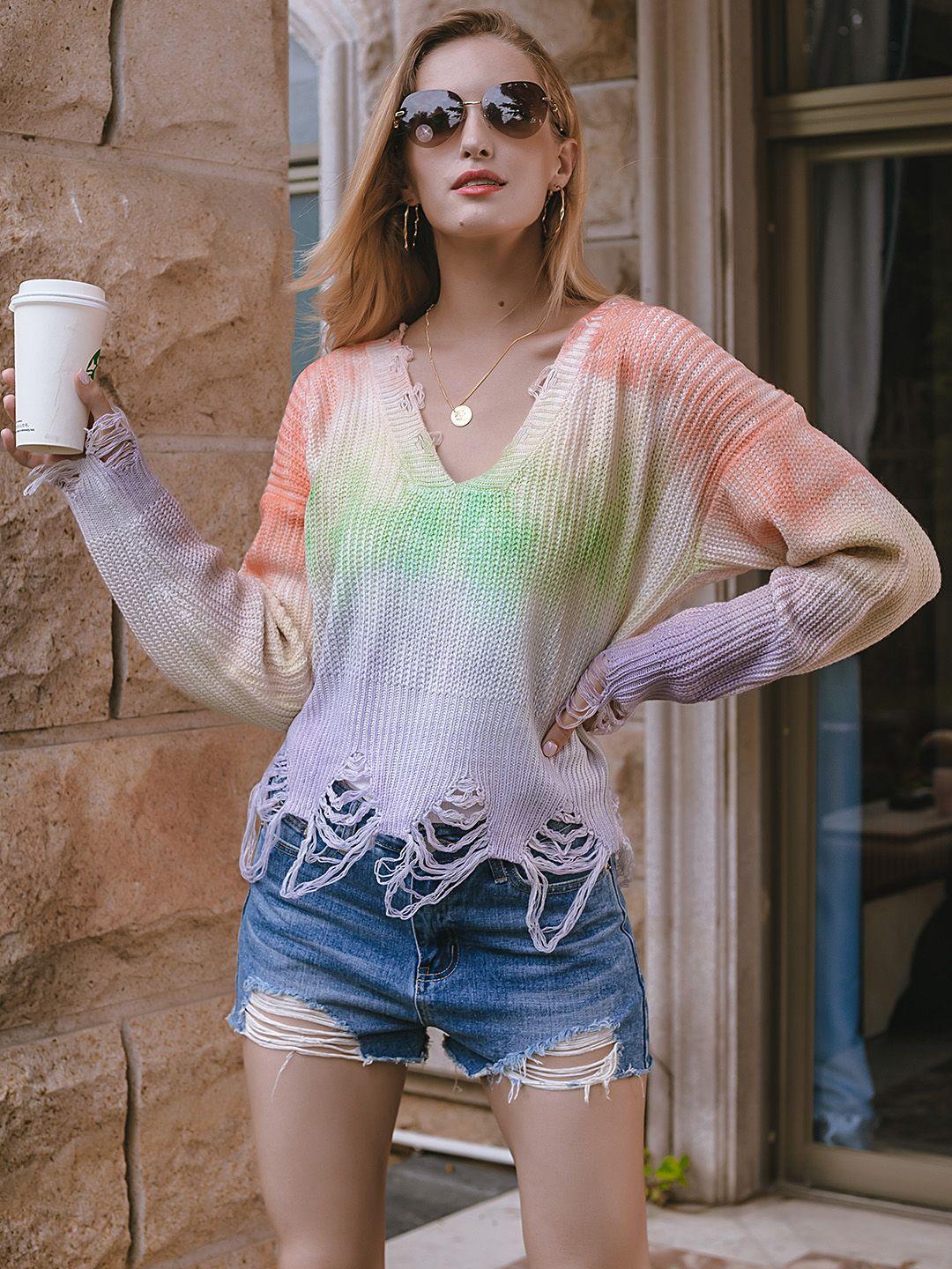 urbanic women multicoloured dyed ripped pullover sweater