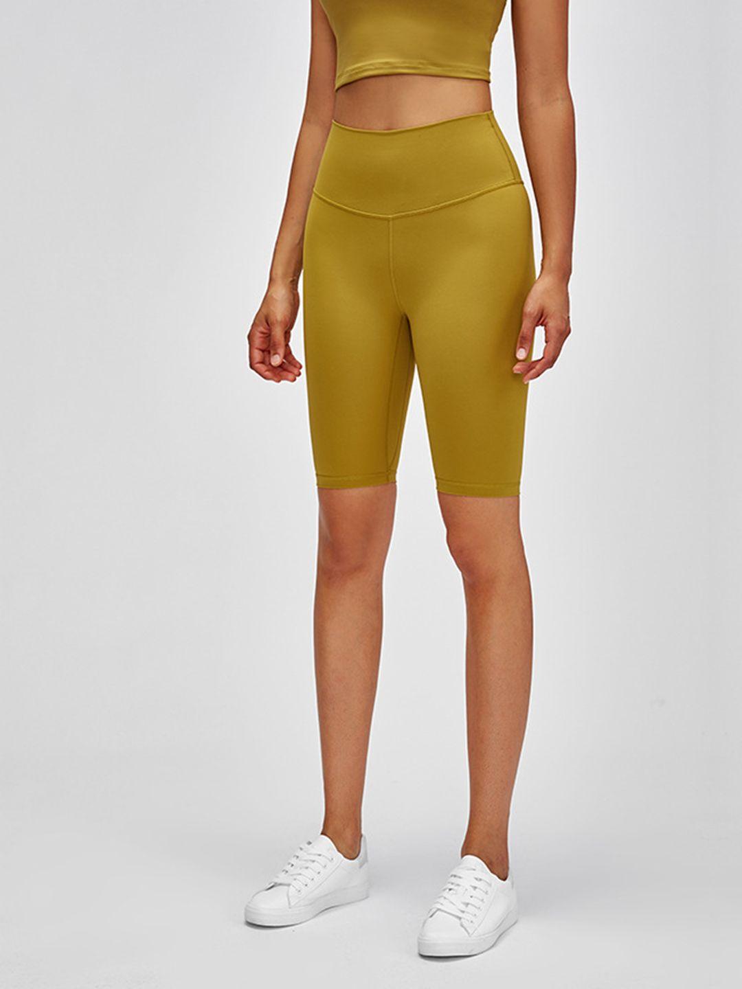 urbanic women mustard yellow slim fit high-rise gym biker shorts