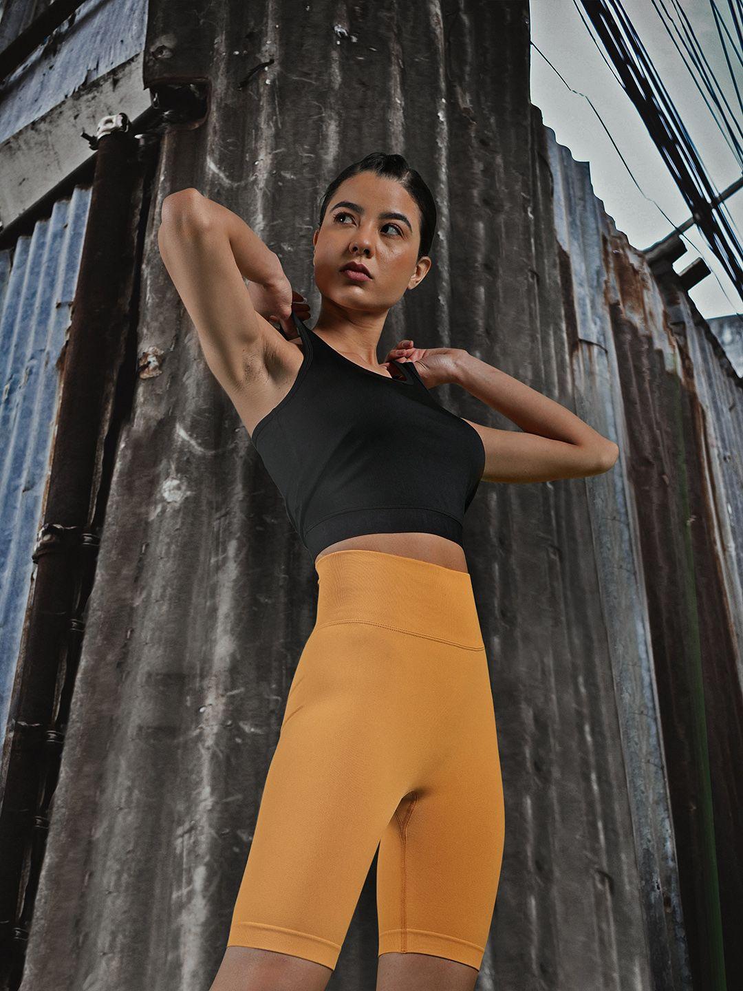 urbanic women mustard yellow slim fit high-rise gym shorts