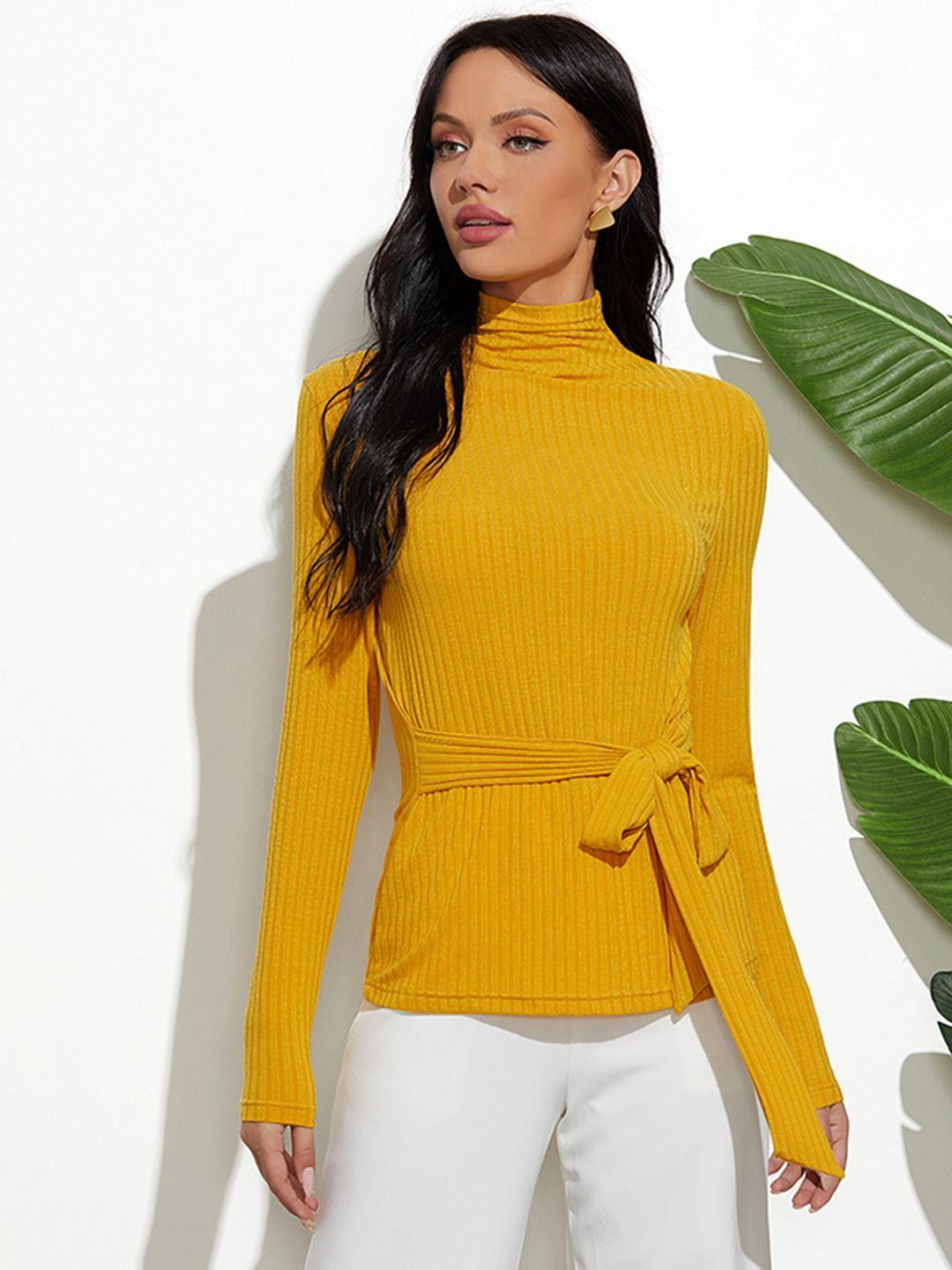 urbanic women mustard yellow waist tie-up detail top