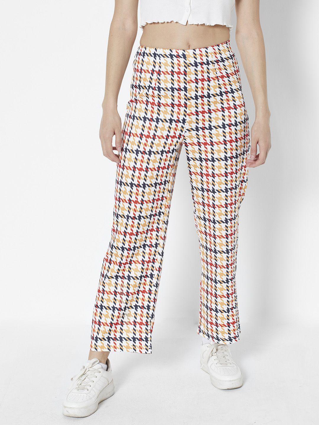 urbanic women navy blue & red printed straight fit high-rise trousers