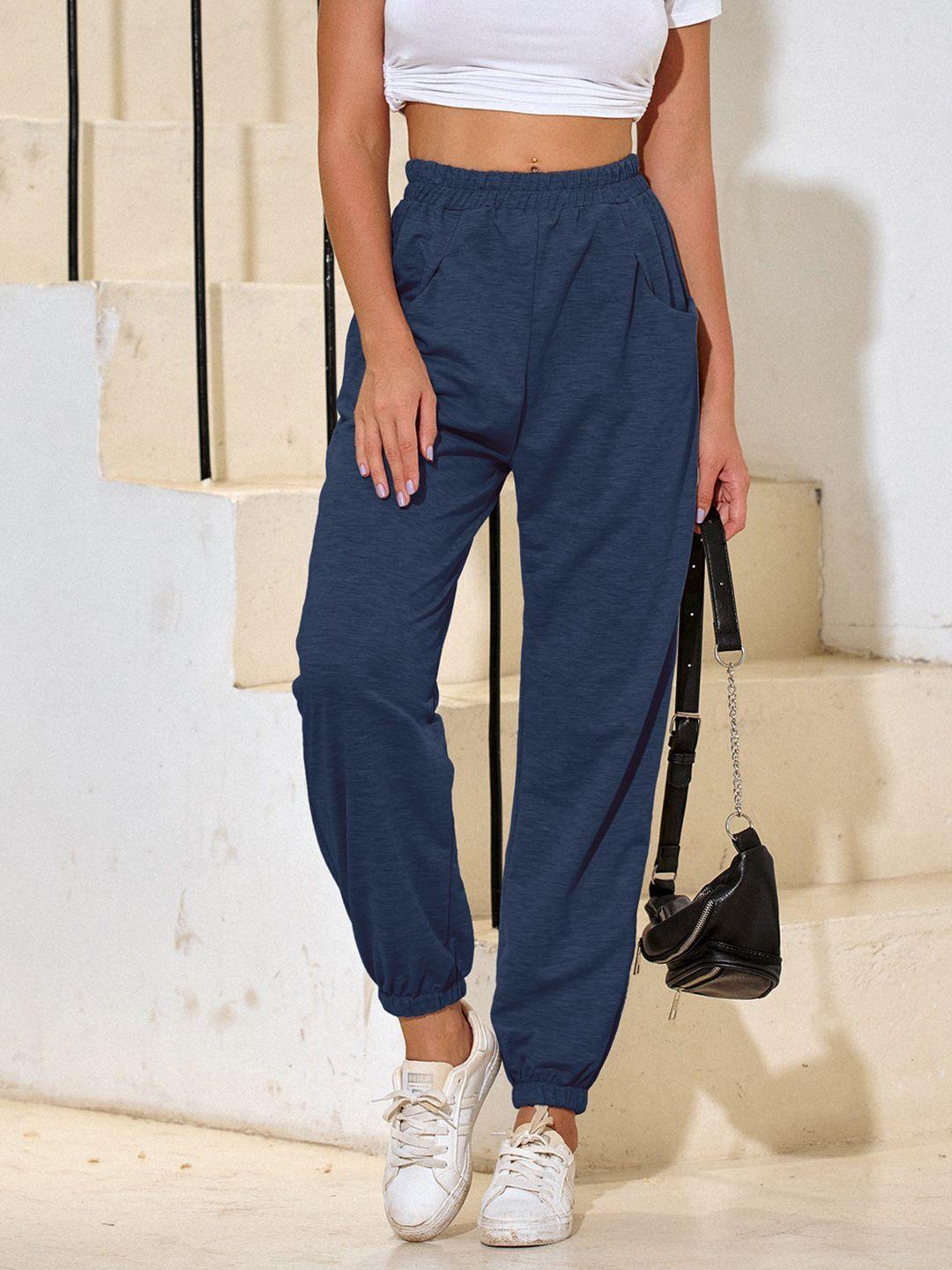 urbanic women navy blue solid relaxed fit joggers