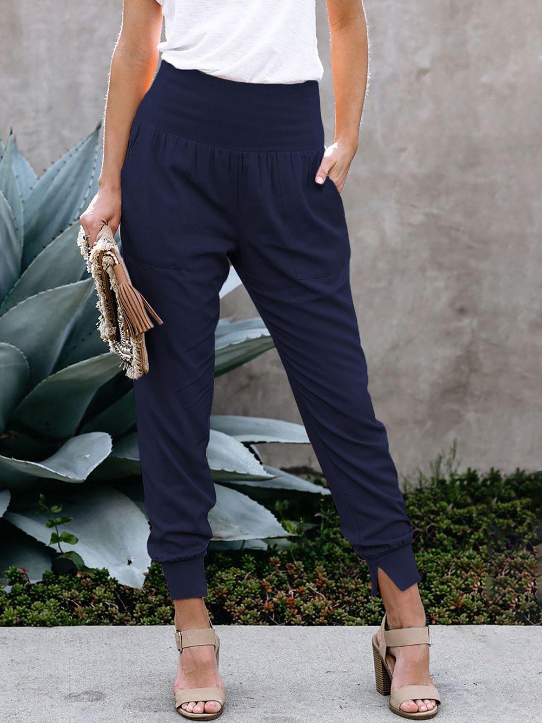 urbanic women navy blue solid straight fit joggers