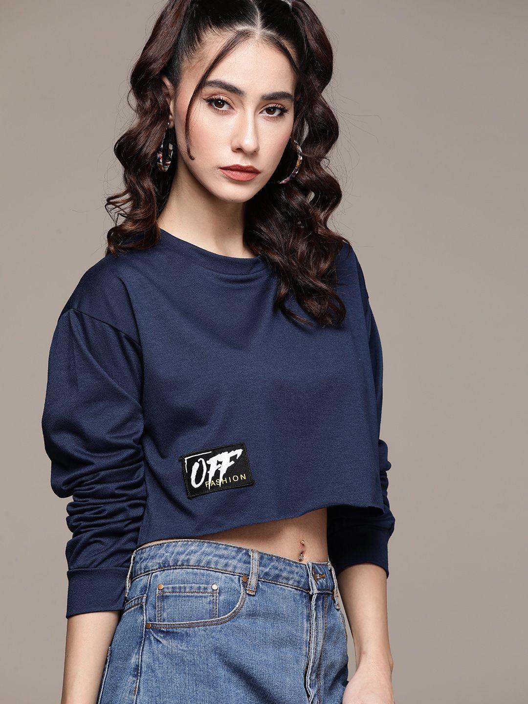 urbanic women navy blue solid sweatshirt with applique detail