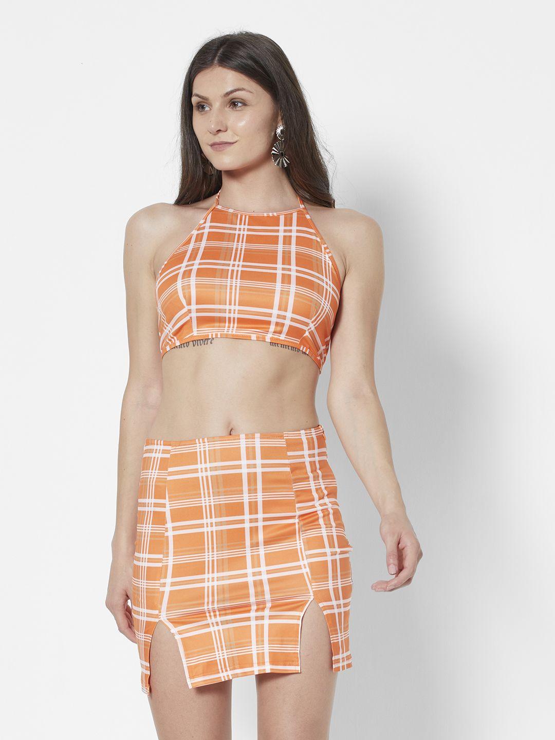 urbanic women orange & white checked co-ord set