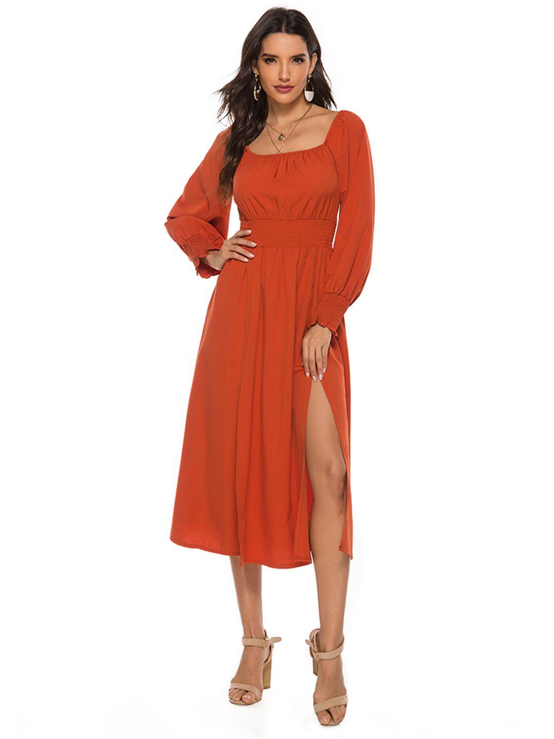 urbanic women orange solid a-line midi dress