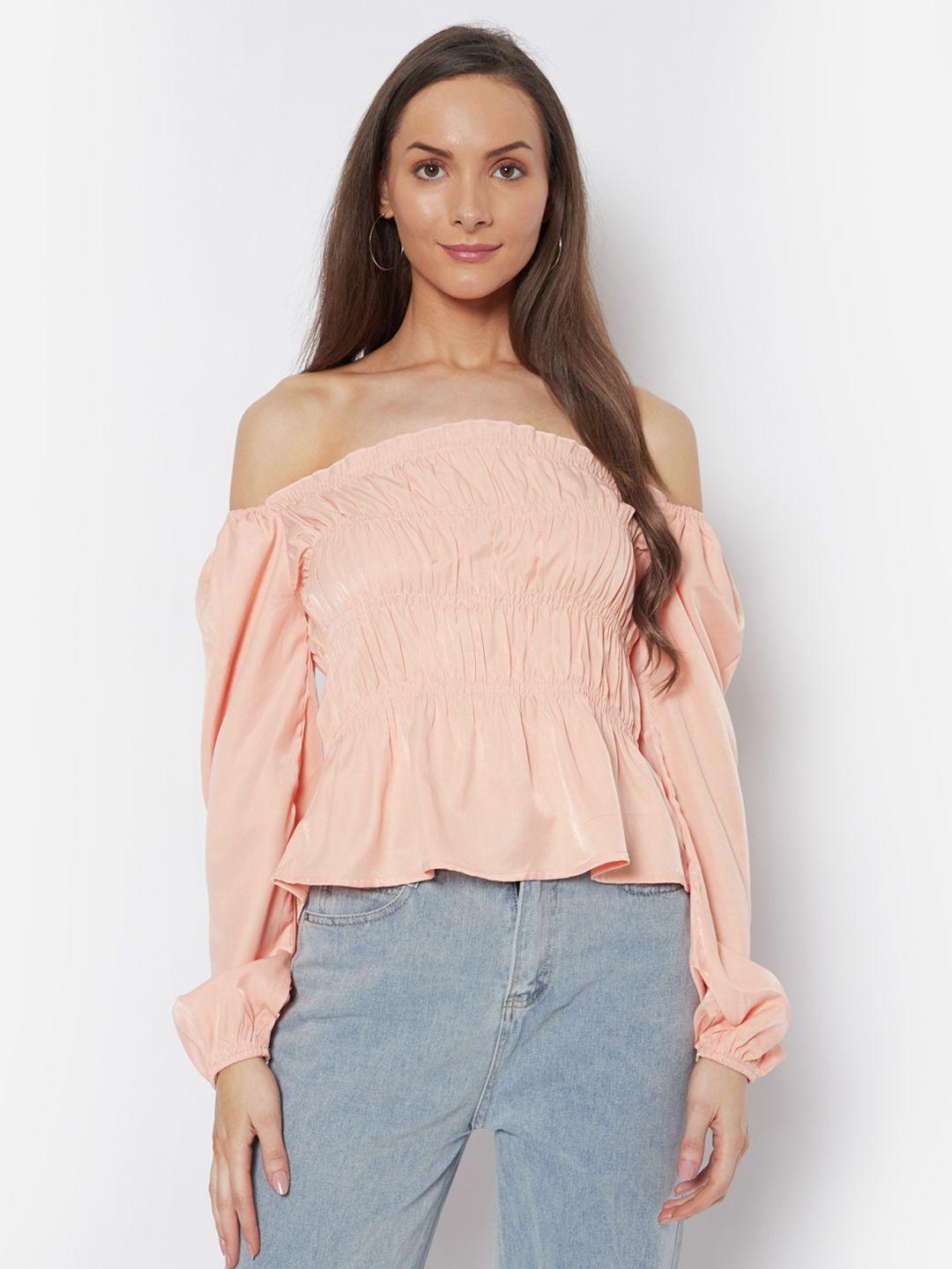 urbanic women peach-coloured solid off-shoulder smocked top