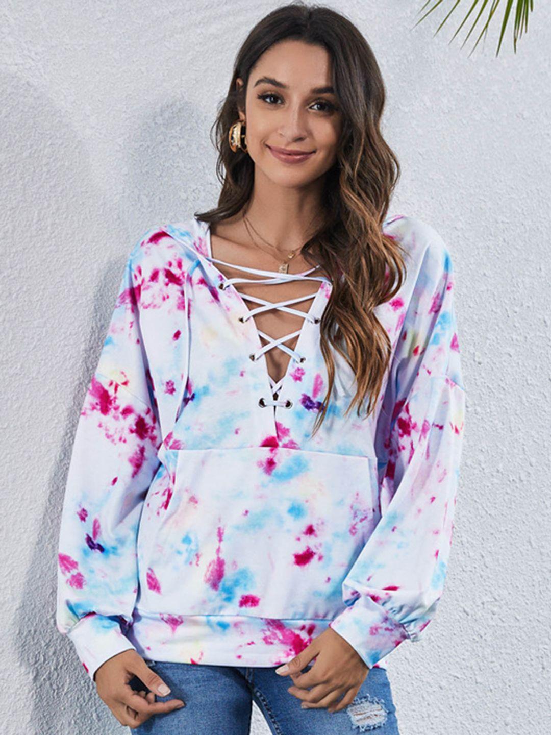 urbanic women pink & blue tie & dye hooded sweatshirt with tie-up detail