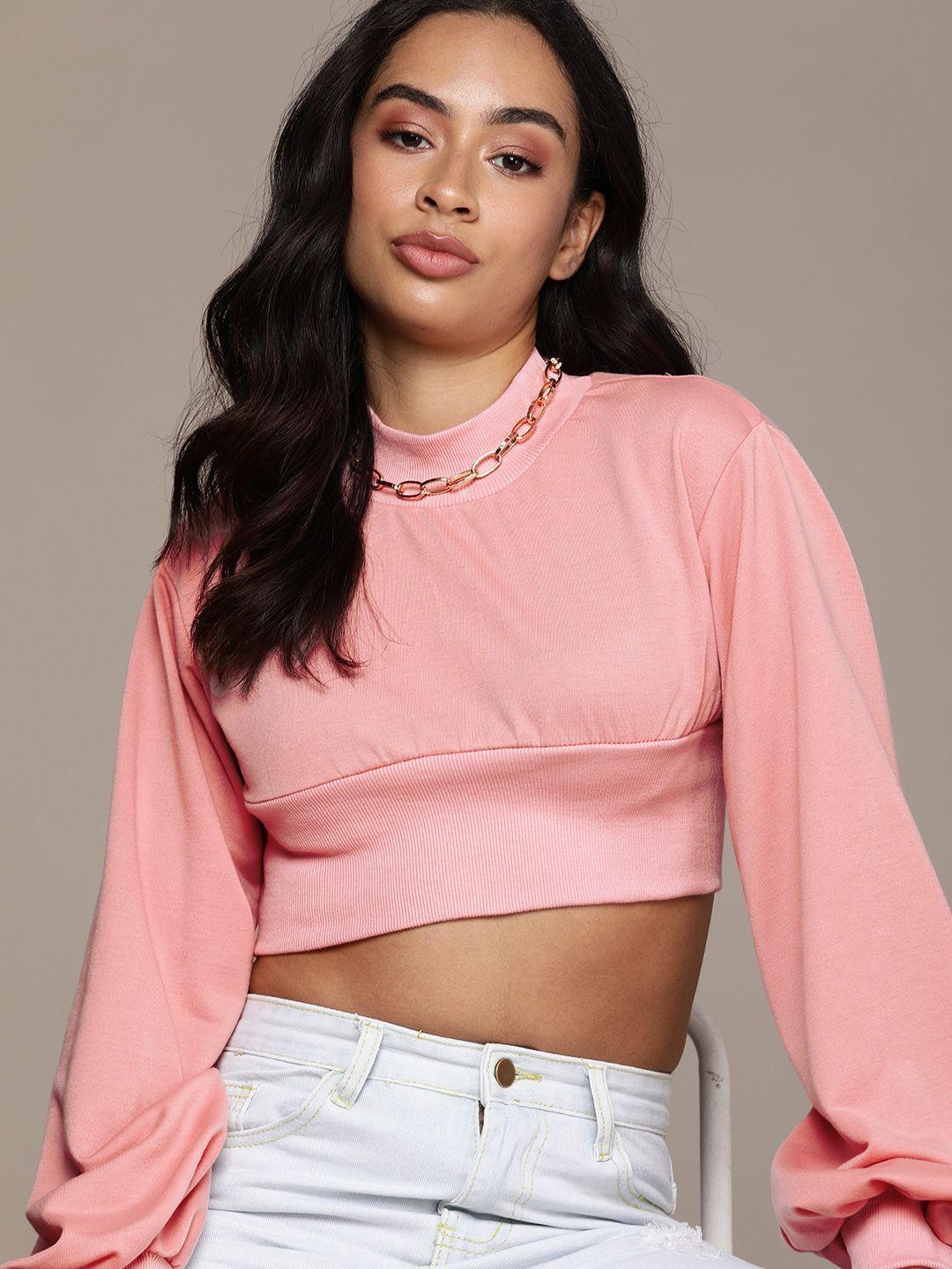 urbanic women pink puff sleeves cropped sweatshirt