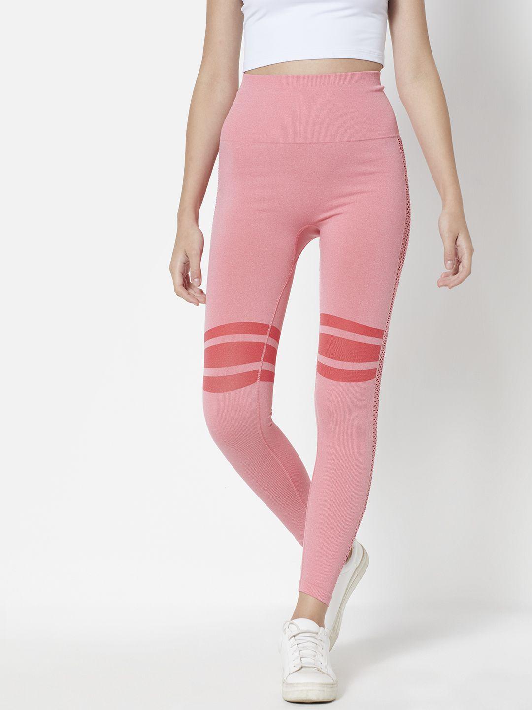 urbanic women pink striped cut out slim fit gym tights