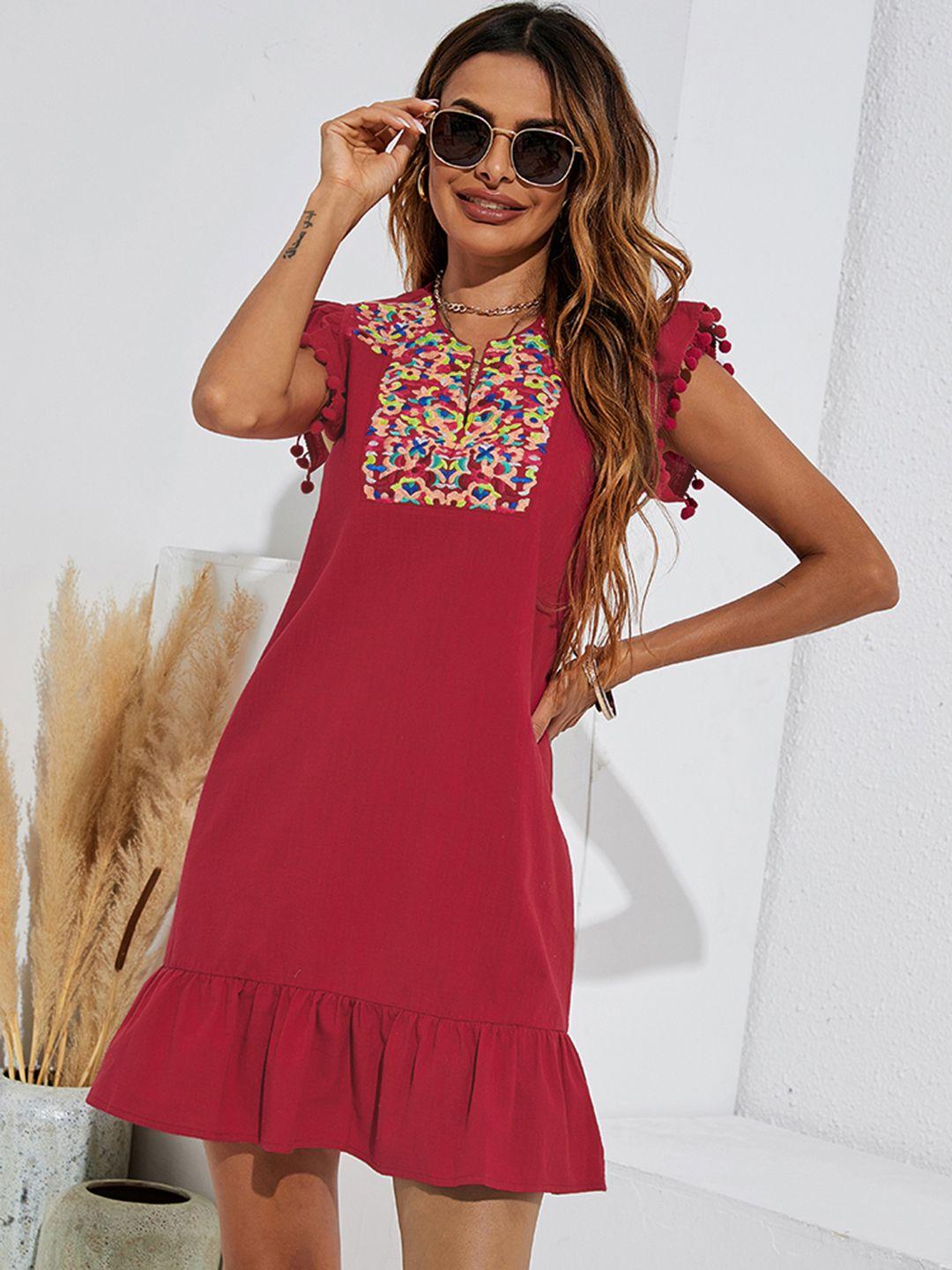 urbanic women red cotton floral embroidered a-line dress with pom pom detail