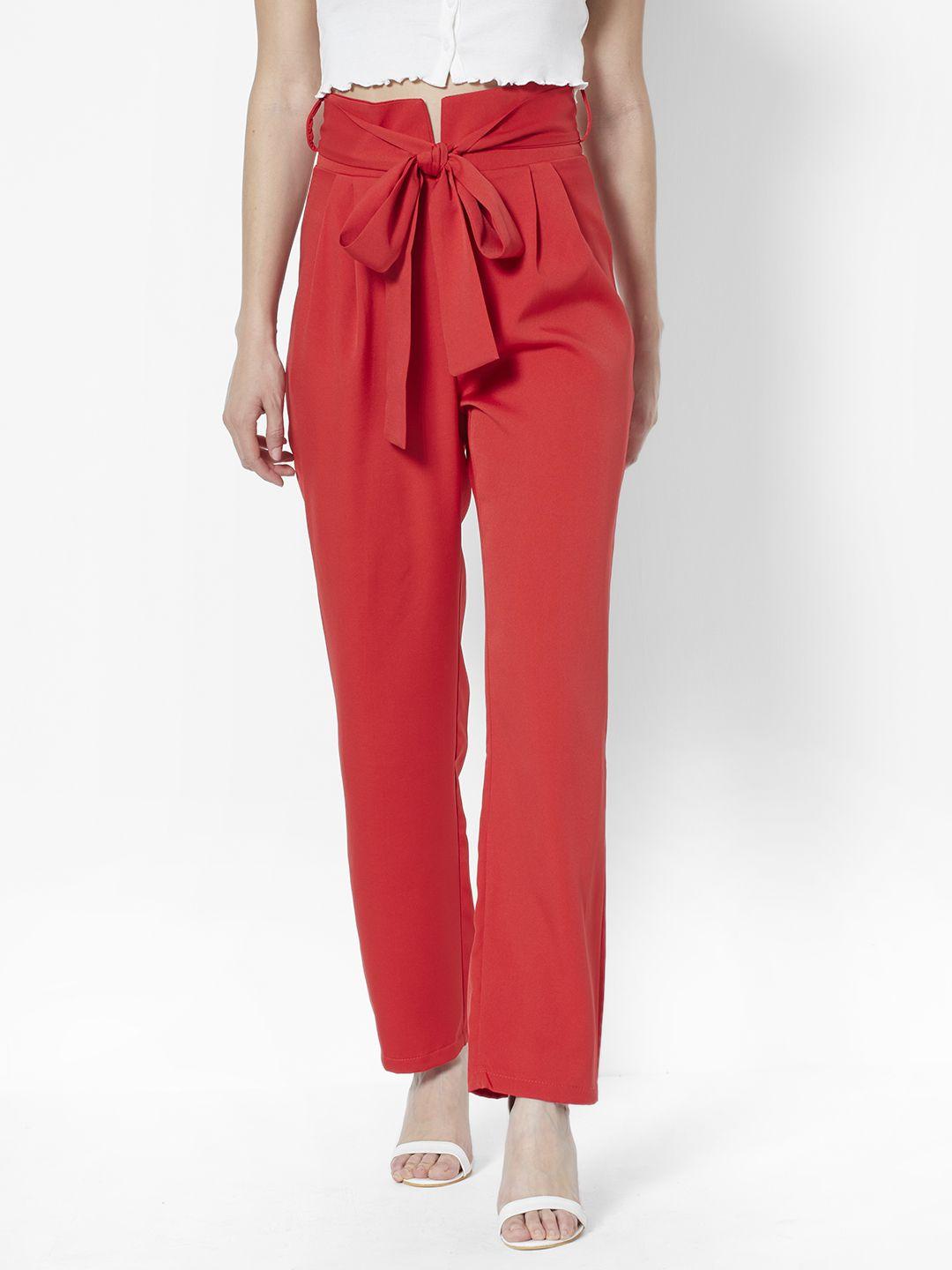 urbanic women red solid straight fit high-rise pleated trousers