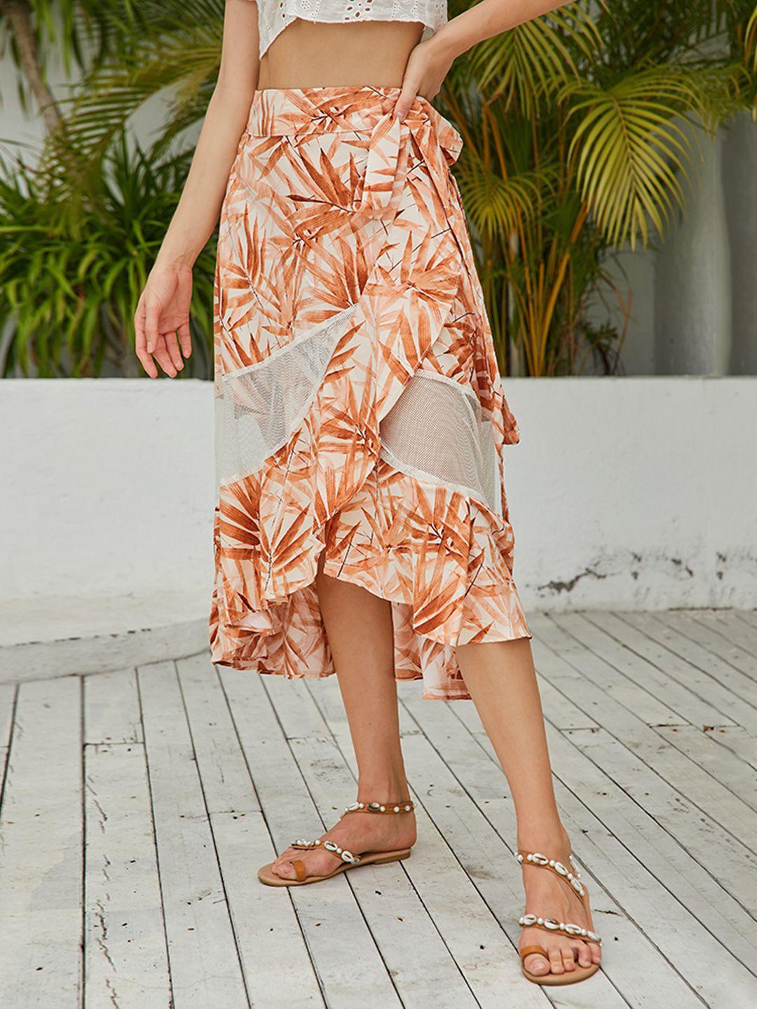 urbanic women rust orange & off-white tropical printed wrap skirt